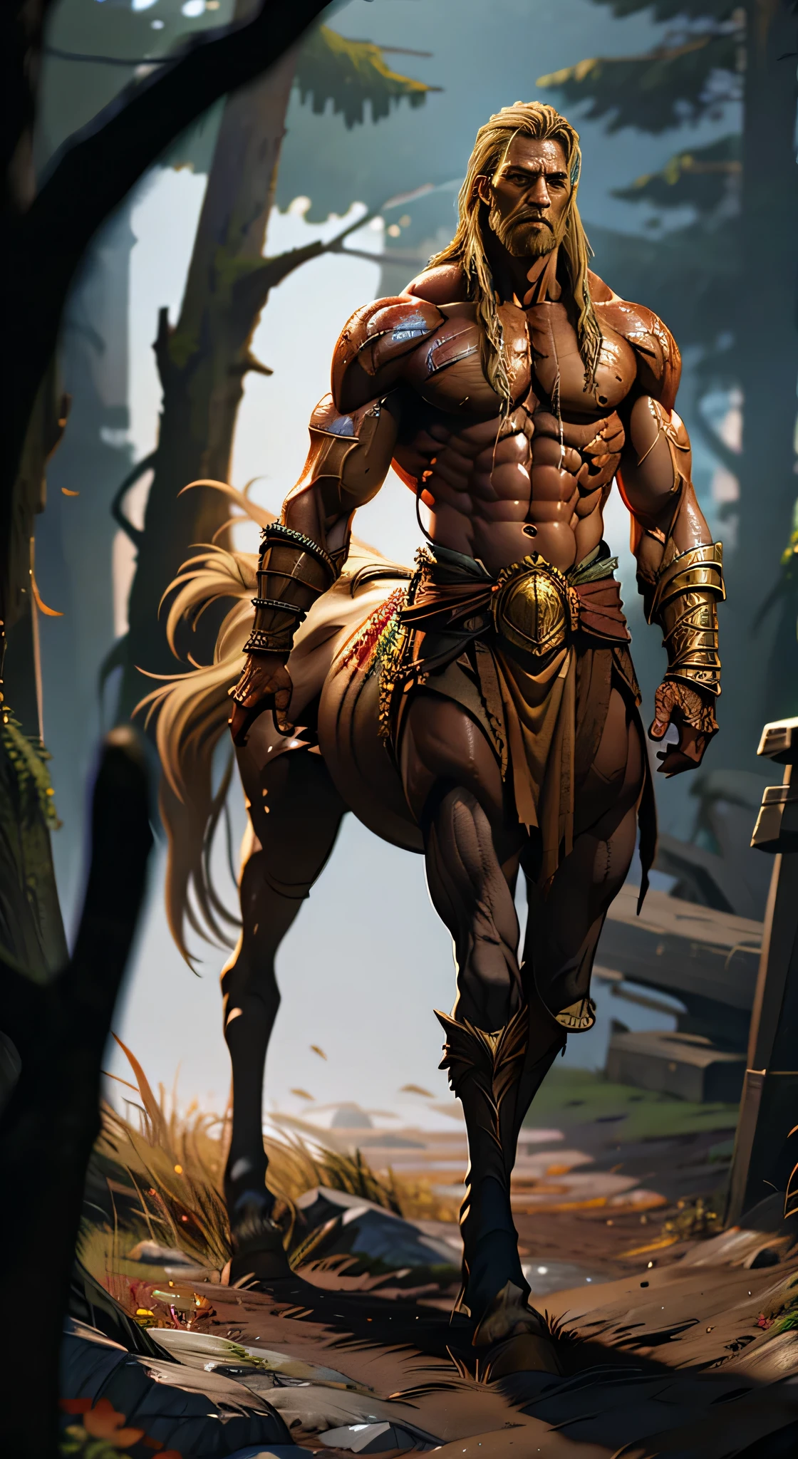 highly detailed full body full color photo of a centaur:1.2, 1boy, standing, tall, blonde hair, hooves, 4 legs, breastplate, gauntlets, realistic, depth of field, blurry background, photorealistic, analogue photography, low key lighting