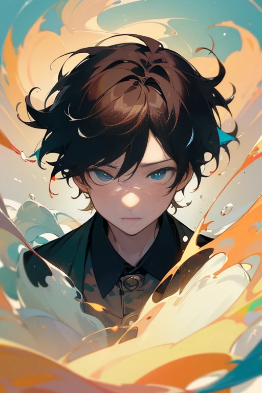 Xingqiu (masterpiece), (best quality), (ultra detailed),(disheveled hair),(illustration), (1boy), beautifuldetailedeyes,delicate beautiful face,Floating,(high saturation),(colorful splashes),colorful bubble,(shining),focus on face