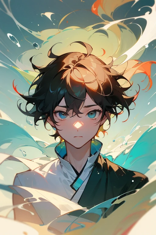 Xingqiu (masterpiece), (best quality), (ultra detailed),(disheveled hair),(illustration), (1boy), beautifuldetailedeyes,delicate beautiful face,Floating,(high saturation),(colorful splashes),colorful bubble,(shining),focus on face