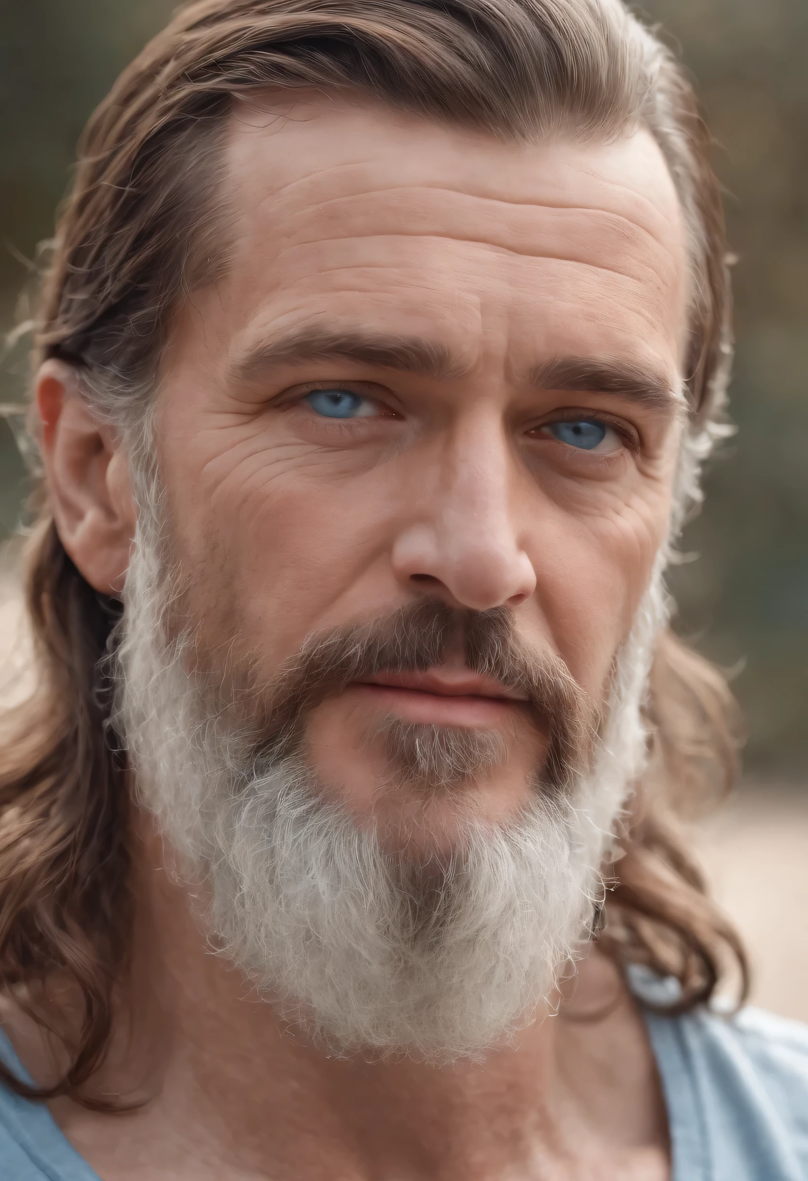 Poseidon, shoulder length brown hair, beard, ocean blue eyes, chiton. Realistic hyper-detailed portraits, masculine, western style portraits, digital art techniques, old man, retirement home background