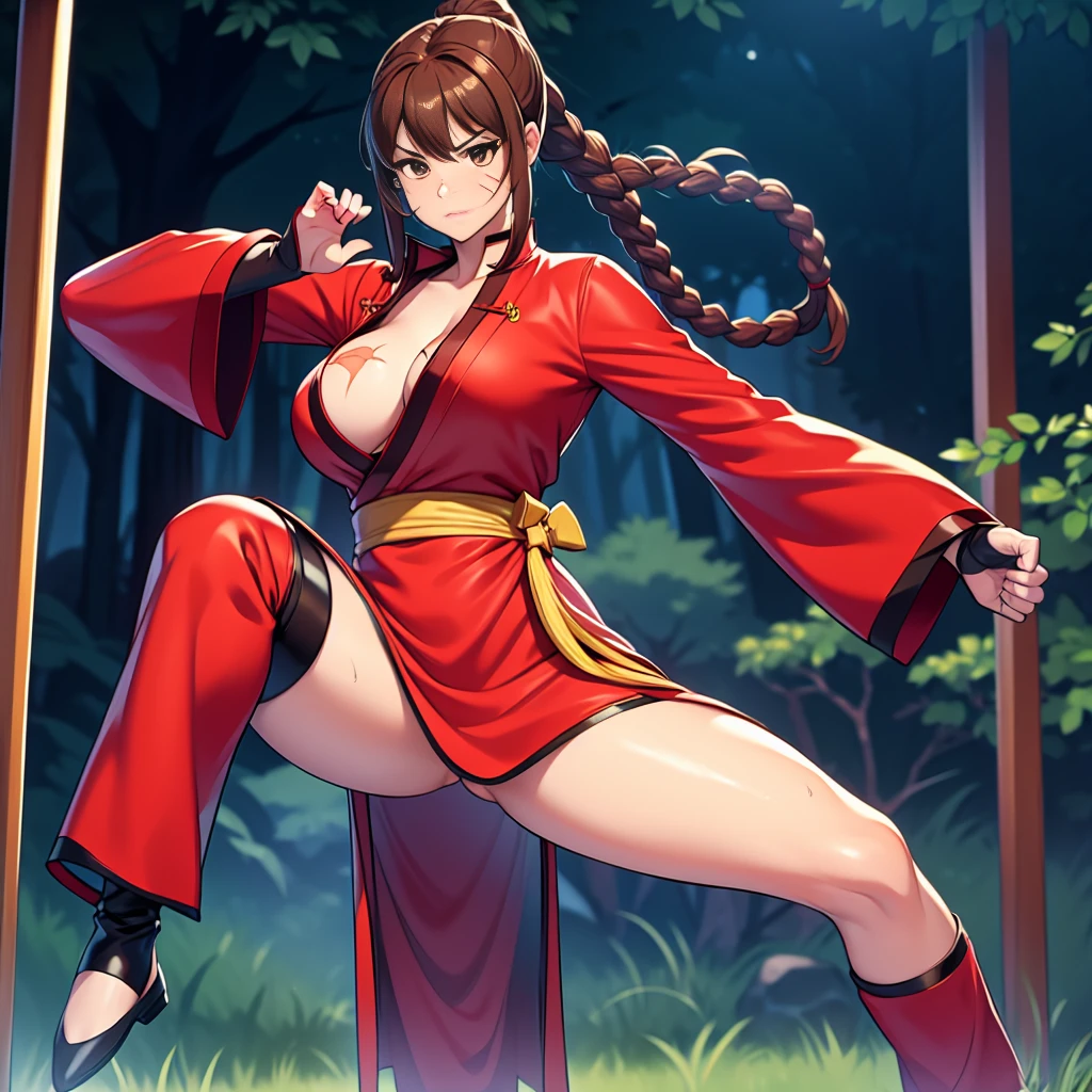  nsfw, venus body, horny lei kugo live a live:1.1, qipao, chinese clothes, traditional clothes, action pose, full body, brown hair, braided hair, scars on face, martial arts, action pose, slutty bimbo lei kugo, live a live, (1girl), huge breasts, ((red chinese clothes)), wanderer, traditional clothes, fighter clothes, gauntlets, elbow gloves, fingerless gloves, stockings, full body,(( brown hair)), ponytail, braided hair, (((scars on face:1.1)) , hourglass figure, female, clean face, human head, human proportion, good proportion, normal body shape, action pose, martial arts, kung fu, background, mountain, imperial chinese,