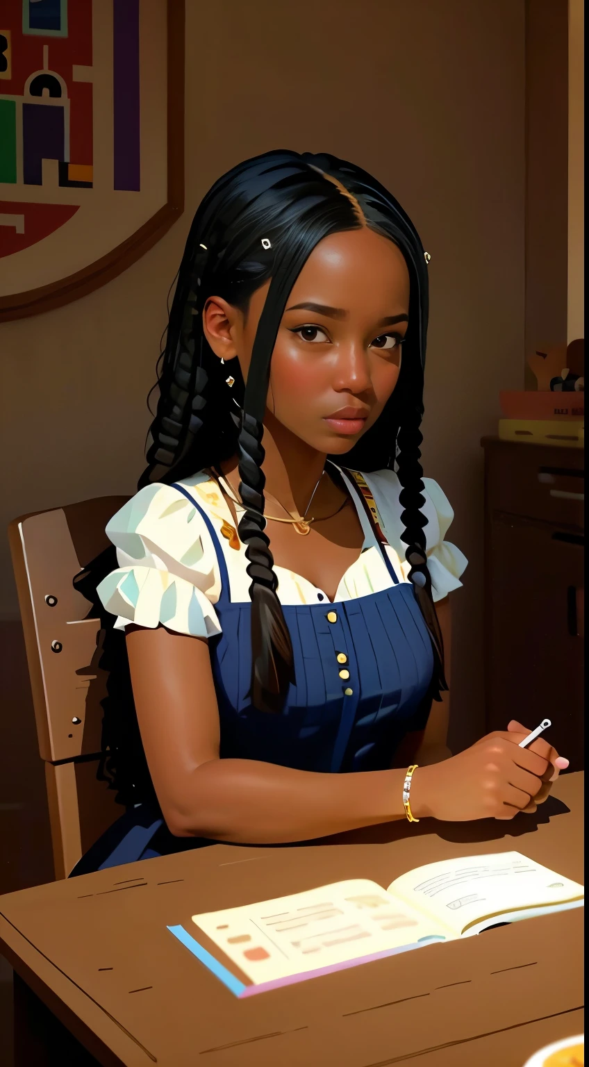 masterpiece, best quality, an extremely delicate and beautiful girl with dark skin, world masterpiece theater, ultra-detailed, highly detailed, highres, extremely detailed,1girl,illustration, looking at viewer, impasto, canvas, oil painting, realistic, realist ,real,storybook style art, cozy atmosphere 