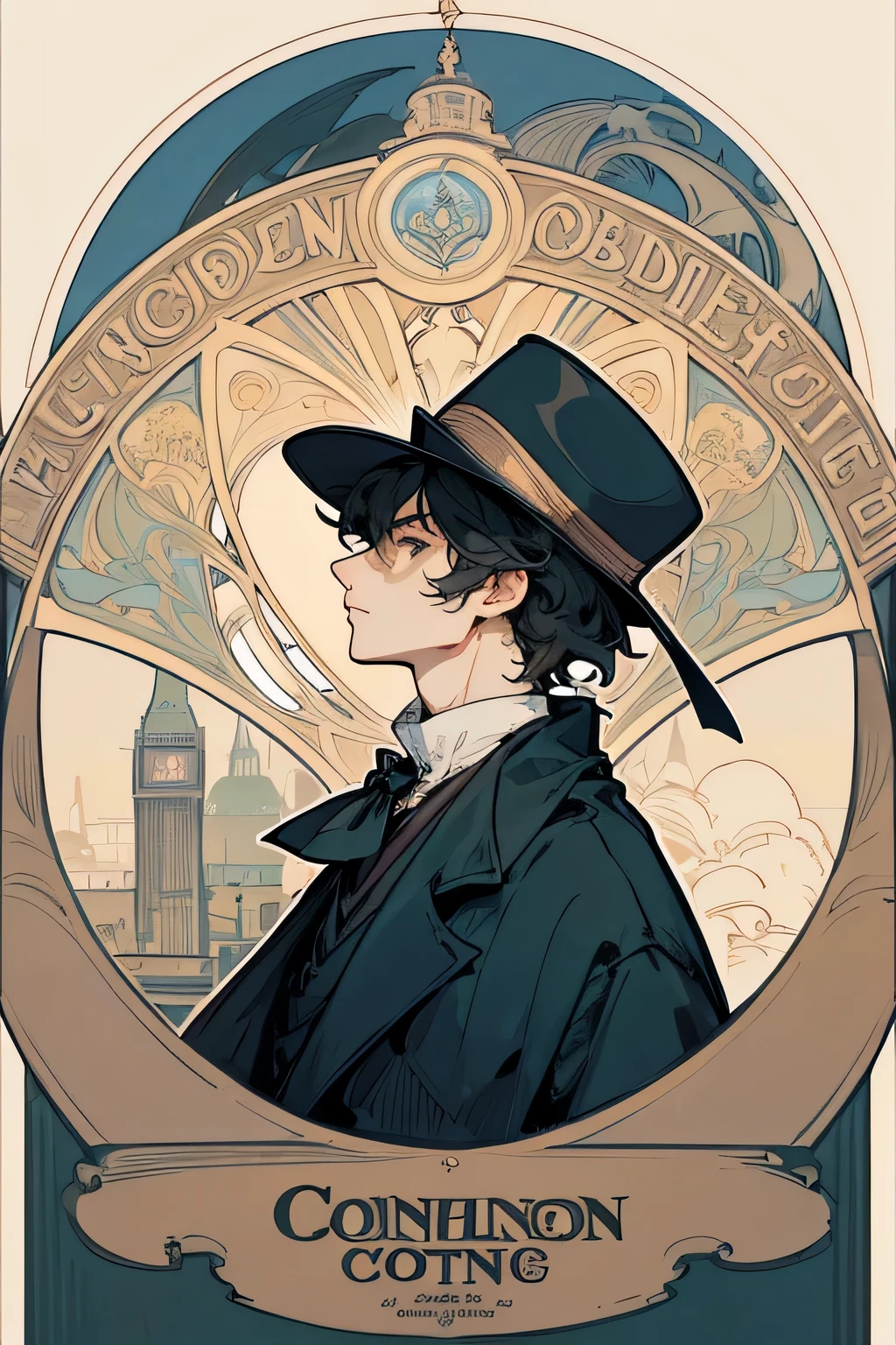 ultra detail,High quality Art Nouveau style round circle Sherlock Holmes,mid hat,suit,frock coat,expensive,thin,expensive鼻,Broad forehead,Intelligent features,looking at the viewer,From the side,Downtown London