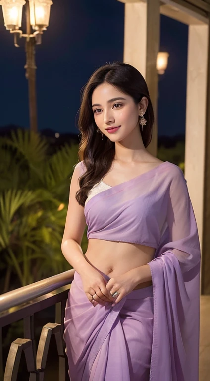 "Capture the essence of a perfect evening: As twilight descends, painting the sky in hues of lavender and rose, a 25-year-old woman stands poised on her balcony. Her choice of attire—a luxurious red backless saree—complements her figure and resonates with understated elegance. The ambient sounds of chirping crickets and distant laughter create a tranquil backdrop. A gentle breeze carries the scent of night-blooming jasmine, intertwining with the subtle fragrance of her perfume. Her smile, a genuine expression of happiness and peace, becomes the radiant focal point of this deeply beautiful and utterly realistic tableau."