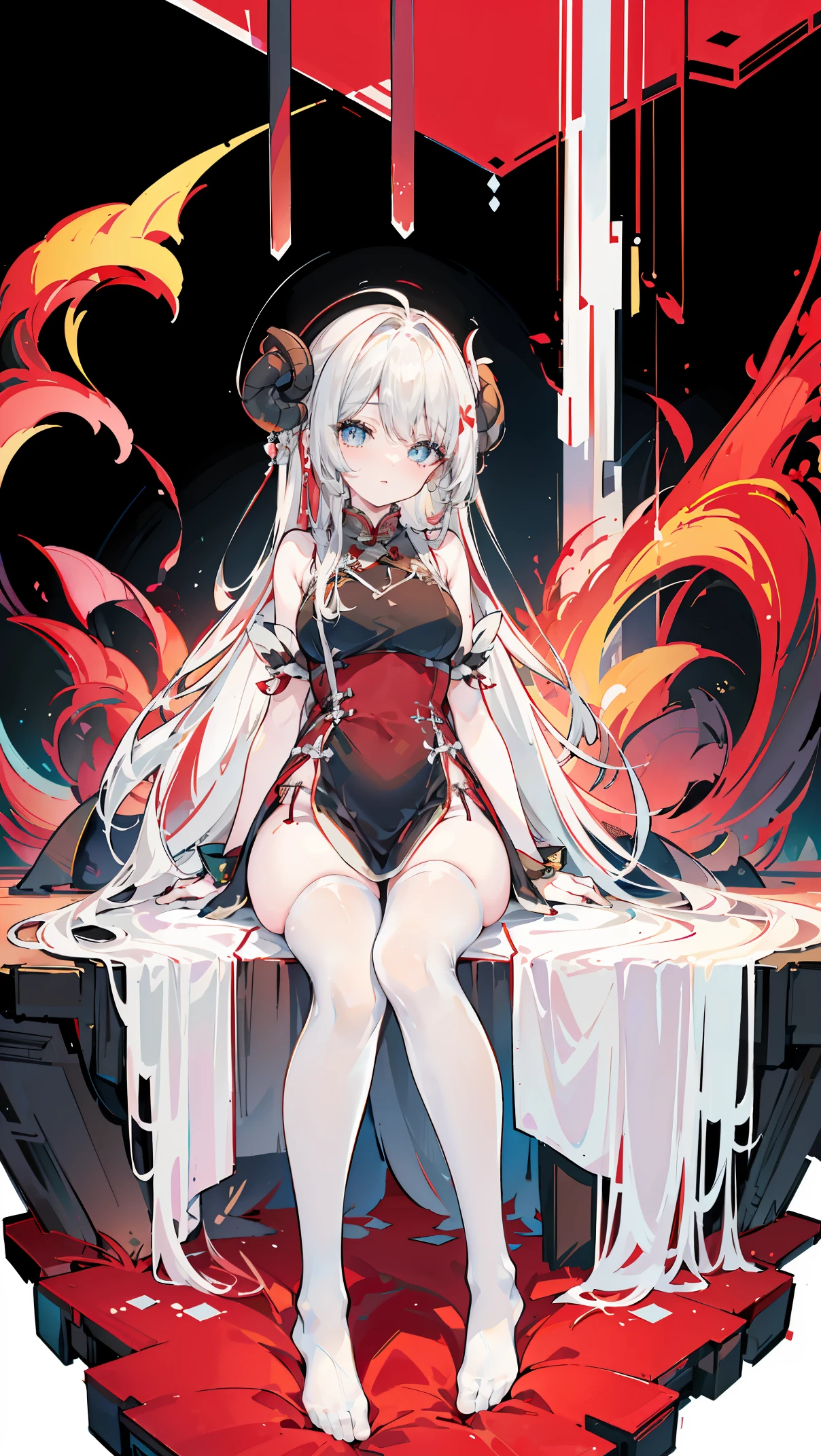 a girl，Sheep&#39;s horn, full color,  long white hair, Red眼睛 ，Eyeliner,  black transparent clothes, Red, open air, Rose, night, ruins, Butterfly，mine same as the original, mine, , (:1.2)
rest, (cheongsam), (view from below), (Put your arms behind your back), (wild lift), thin dress, Crotch cutout, best quality, high resolution, unified 8k wallpaper, (illustration:0.8), (Beautiful and delicate eyes:1.6), extremely detailed face, perfect lighting, Very detailed cg, (perfect hands, perfect anatomy),soles of feet，sitting，blond，red lips，Acting cute，脚部close up，up-close，Complete feet，white stockings，close up