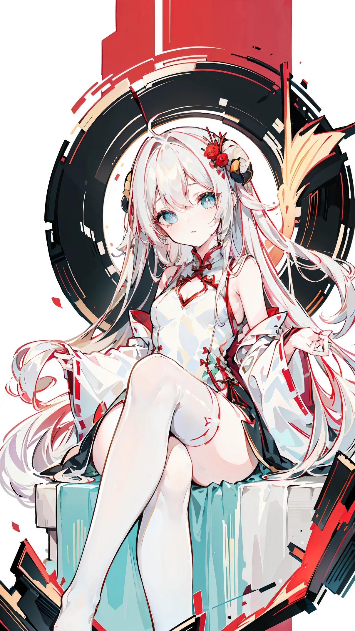 a girl，Sheep&#39;s horn, full color,  long white hair, Red眼睛 ，Eyeliner,  black transparent clothes, Red, open air, Rose, night, ruins, Butterfly，mine same as the original, mine, , (:1.2)
rest, (cheongsam), (view from below), (Put your arms behind your back), (wild lift), thin dress, Crotch cutout, best quality, high resolution, unified 8k wallpaper, (illustration:0.8), (Beautiful and delicate eyes:1.6), extremely detailed face, perfect lighting, Very detailed cg, (perfect hands, perfect anatomy),soles of feet，sitting，blond，red lips，Acting cute，脚部close up，up-close，Complete feet，white stockings，close up