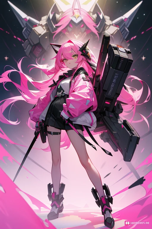 ((Masterpiece))) Full Body, Full Body Shot (One Girl) ((Pink Hair, Long Hair, Straight Hair, Both Sides Up))), ((Green Eyes))), Eyeshadow, Eyeliner, Glow Eye, Hyper Detail Eye, Complex Eyes, Beautiful Eyes, Detailed Eyes, (((Star-shaped pupils, glowing pink pupils))) 18 year old girls. (wearing a transparent jacket made of PVC material)) huge cool weapon machine in hand, huge cool weapon machine, mech, mechanism, machine, open stance, coalescing