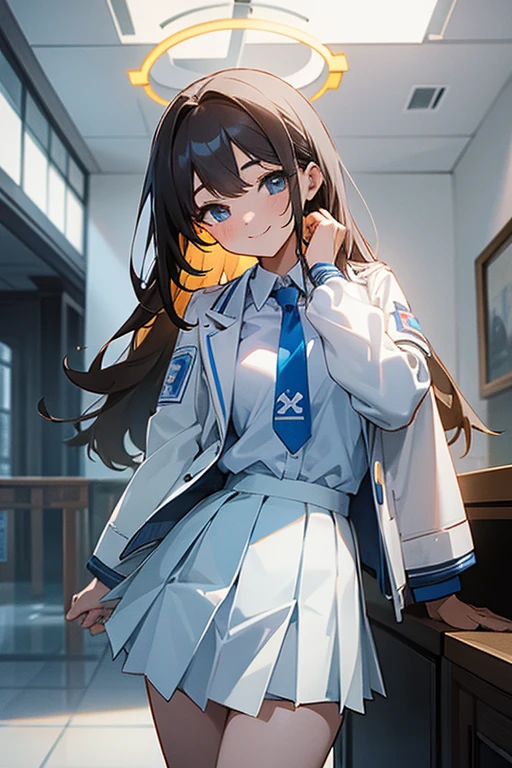 masterpiece, best quality, ultra-detailed, 1girl, aris, white jacket, white shirt, blue necktie, pleated skirt, halo, indoors, smile