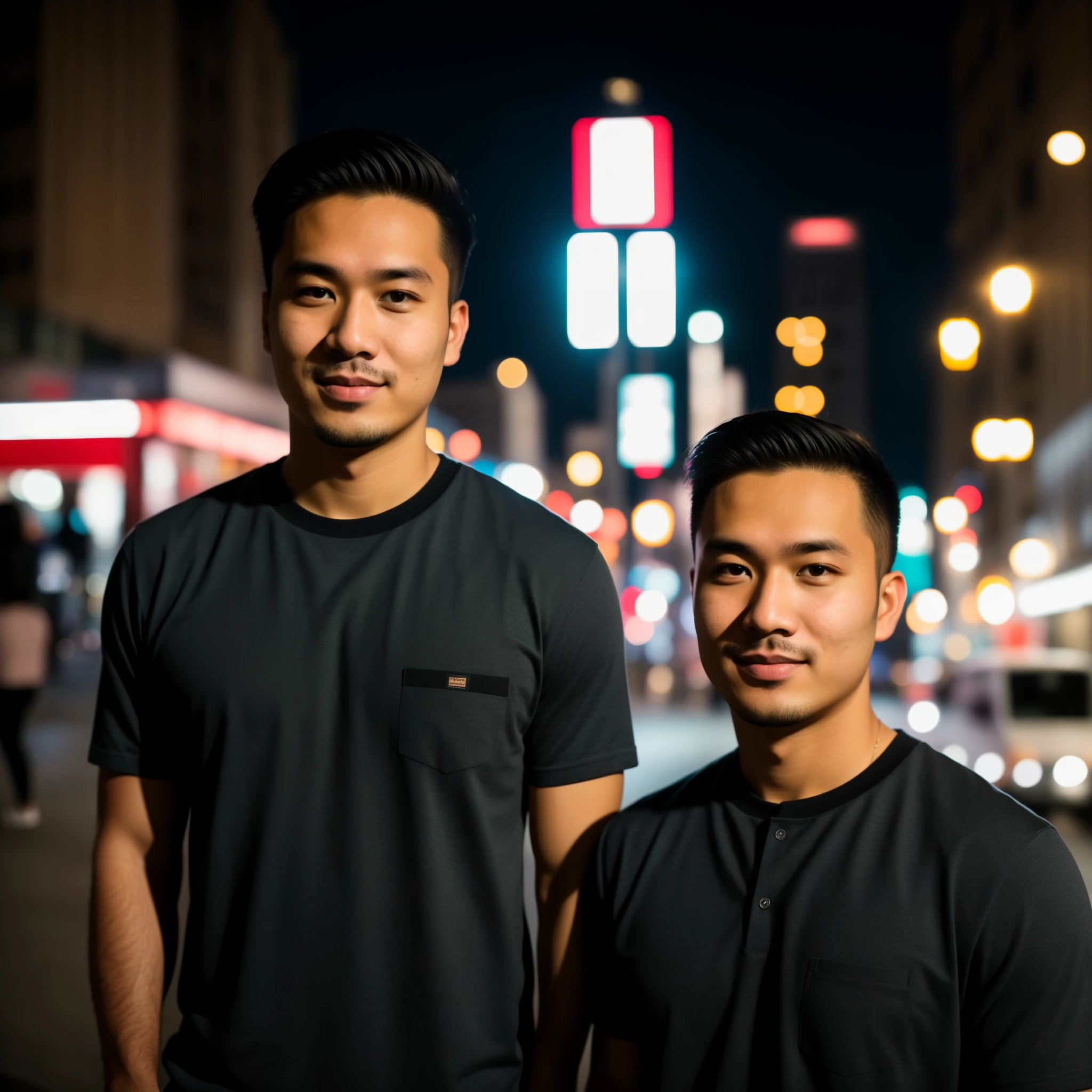 RAW photo, a portrait photo of 28 y.o man in casual clothes, night, city street, (high detailed skin:1.2), 8k uhd, dslr, soft lighting, high quality, film grain, Fujifilm XT3