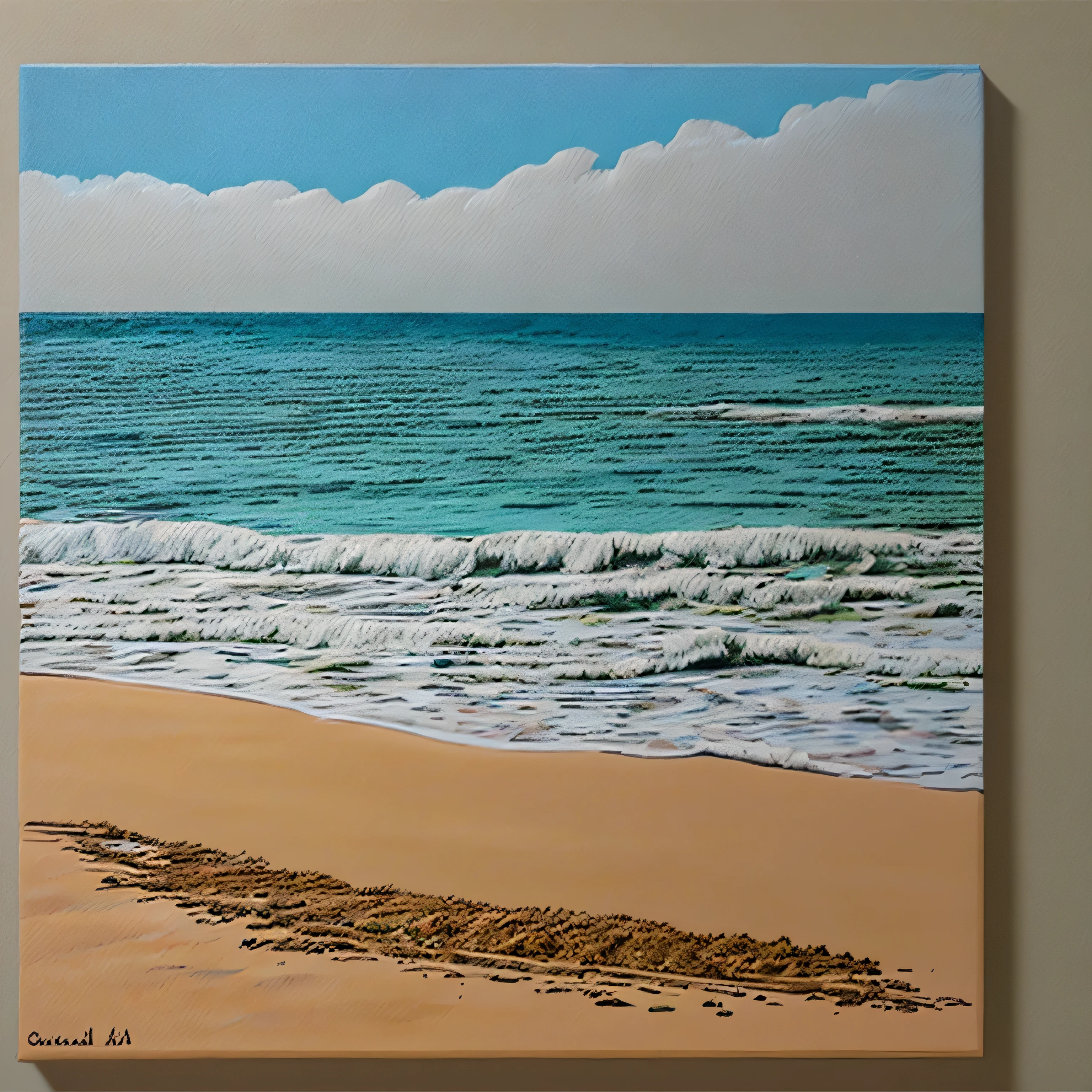 A beach scene depicting waves crashing onto the shore, detailed acrycle painting, sand scene painting, Detailed acrylic, acrycle painting, an acrycle painting, canvas painting, sand and sea, detailed sea, Detailed realistic painting, super detailed acrycle painting, Detailed soft painting, realistic detailed painting, painting on canvas, detailed painting, detailed paintings