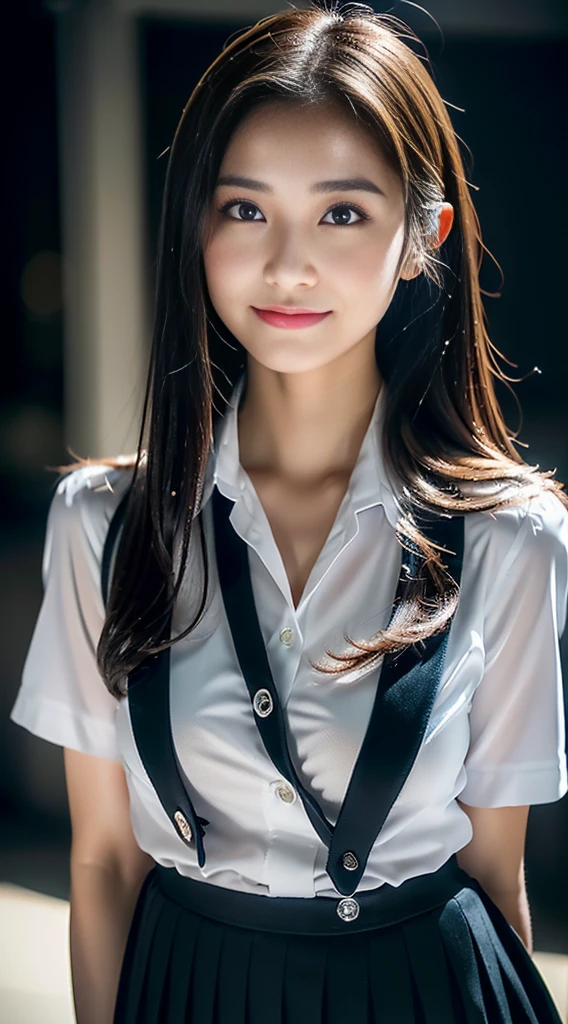 (masterpiece),((ultra-detailed)),(highly detailed CG illustration),(expressionless),(best quality:1.2),realistic8K UHD,High definition,(1girl:1.2),High quality texture,intricate details,detailed texture,finely detailed,high detail,extremely detailed cg,High quality shadow,a realistic representation of the face,Detailed beautiful delicate face,Detailed beautiful delicate eyes,black eye pupil,a face of perfect proportion,Depth of field,Cinematic Light,Lens Flare,Ray tracing,perspective,20s,blush,glossy lips,perfect body,lean body,Particles of Light,(narrow waist:1.3),large breast,distinct_image,high_resolution,(lustrous skin),solo focus,(finely detailed beautiful eyes and detailed face),(detailed face),(hair streaked hair),light source contrast,brown hair,medium hair,(pureerosface_v1:0.5),(school uniform:1.3),(School uniform:1.5), <lora:goutou_v8:1>
