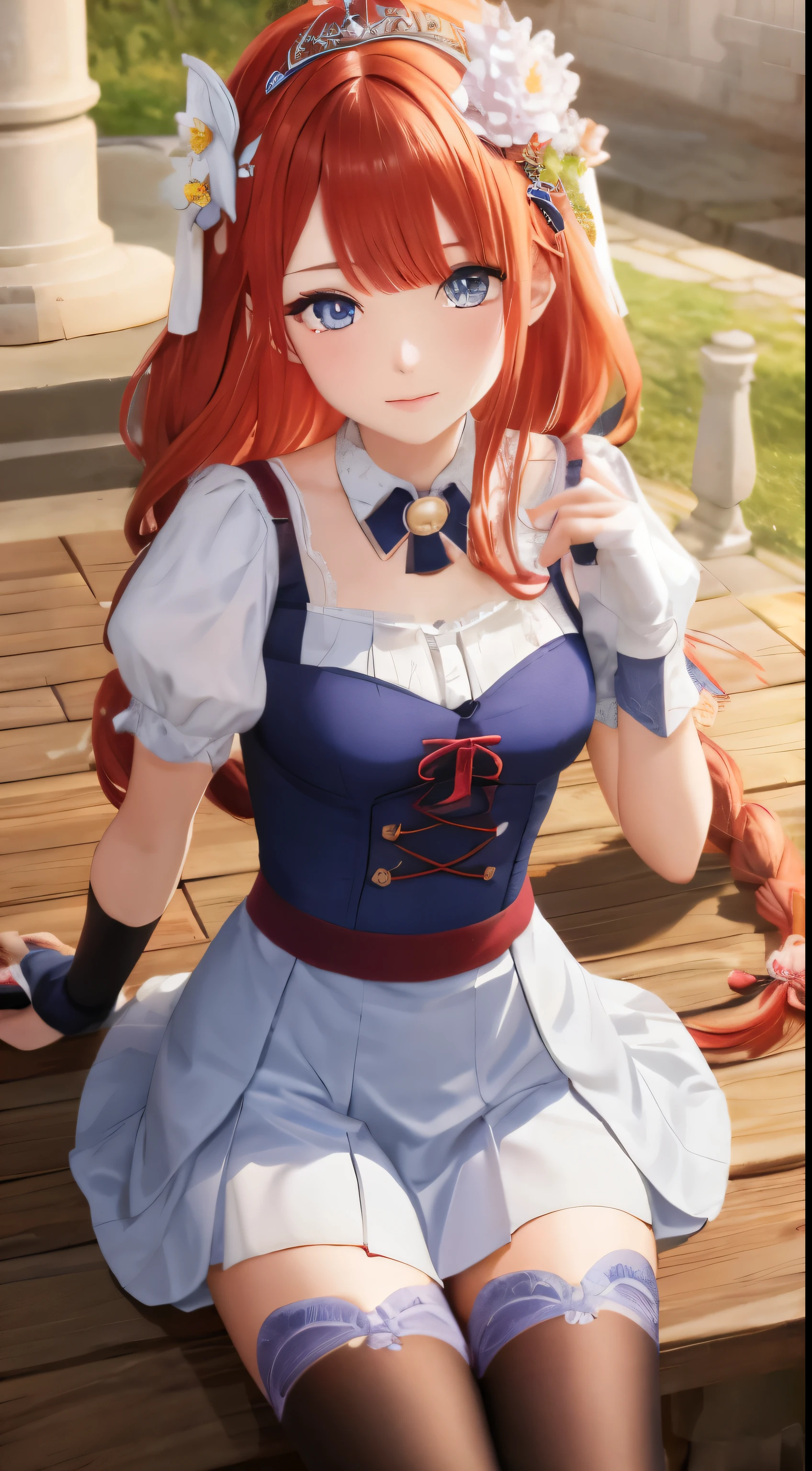 pecorine, pecorine, blue eyes, hair ornament, long hair, orange hair, tiara, braid, hair braid, BREAK arm belt, armor, ascot, blue socks, boots, dress, gloves, hair ornament, open clothes, open dress, pauldrons, pleated skirt, puffy short sleeves, puffy sleeves, red ascot, red skirt, short sleeves, shoulder armor, single pauldron, skirt, socks, white dress, white footwear, white gloves, BREAK looking at viewer, full body, BREAK outdoors, BREAK (masterpiece:1.2), best quality, high resolution, unity 8k wallpaper, (illustration:0.8), (beautiful detailed eyes:1.6), extremely detailed face, perfect lighting, extremely detailed CG, (perfect hands, perfect anatomy),