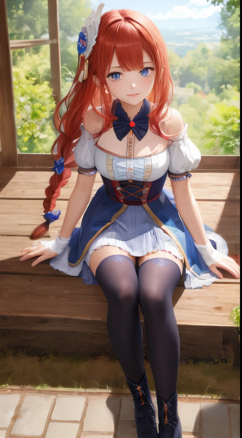 pecorine, pecorine, blue eyes, hair ornament, long hair, orange hair, tiara, braid, hair braid, BREAK arm belt, armor, ascot, blue socks, boots, dress, gloves, hair ornament, open clothes, open dress, pauldrons, pleated skirt, puffy short sleeves, puffy sleeves, red ascot, red skirt, short sleeves, shoulder armor, single pauldron, skirt, socks, white dress, white footwear, white gloves, BREAK looking at viewer, full body, BREAK outdoors, BREAK (masterpiece:1.2), best quality, high resolution, unity 8k wallpaper, (illustration:0.8), (beautiful detailed eyes:1.6), extremely detailed face, perfect lighting, extremely detailed CG, (perfect hands, perfect anatomy),