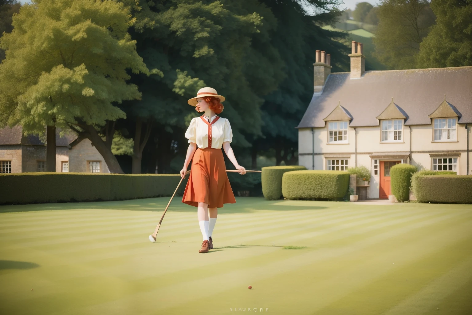 1920s English Countryside Croquet Match (Location: Cotswolds):
Character: A young woman in her twenties with fiery red curls, dressed in a vintage croquet attire.
Setting: A sprawling estate in the Cotswolds, where she engages in a spirited croquet match. Evoke the elegance of the 1920s English countryside with Wes Anderson's sophisticated and nostalgic color palette.