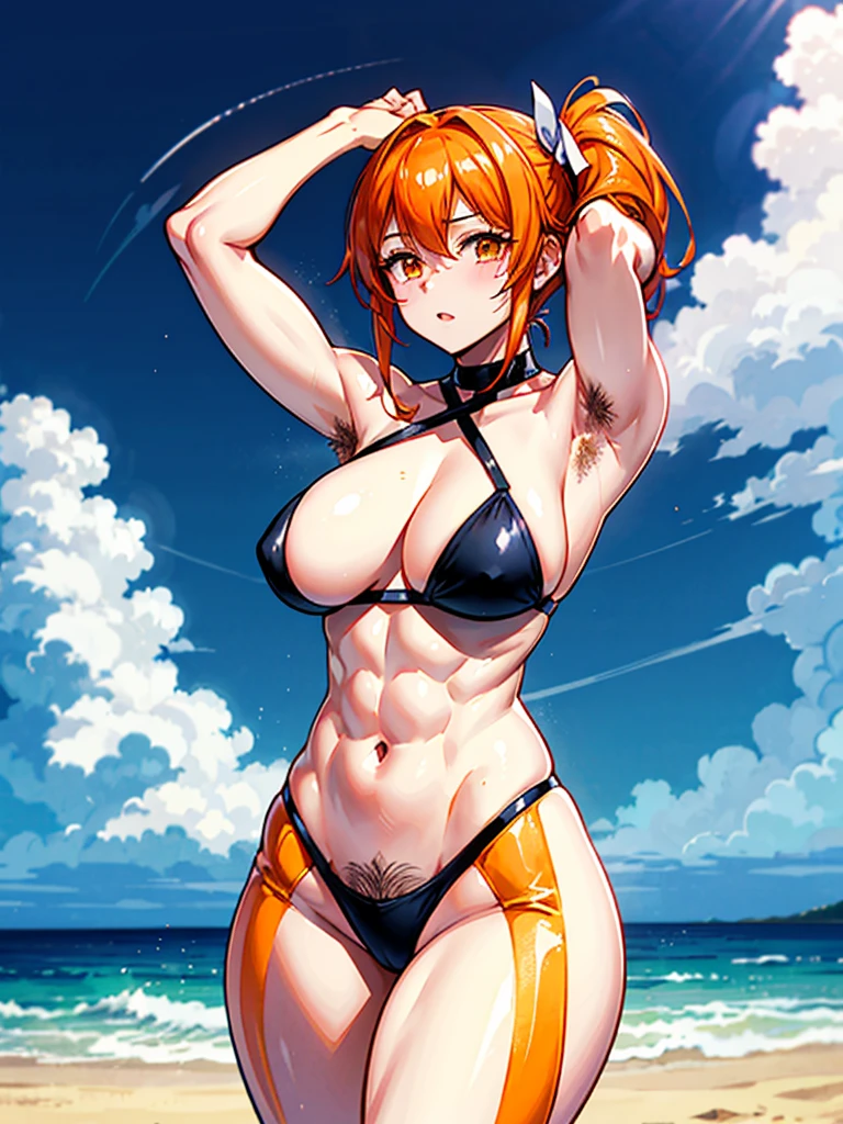 (((masterpiece、Highest image quality、highest quality、highly detailed unity 8kwallpaper)))、((Illustration of one girl))、(((beautiful girl)))、((orange hair、side ponytail、sidelocks:1.4、orange eyes))、(((stocky build, thickset physique:1.3, muscular legs, broad shoulders, solid chest)))、(((orange hairy armpits:1.4)))、(armpit hair:1.4)、swimsuit、sandy beach