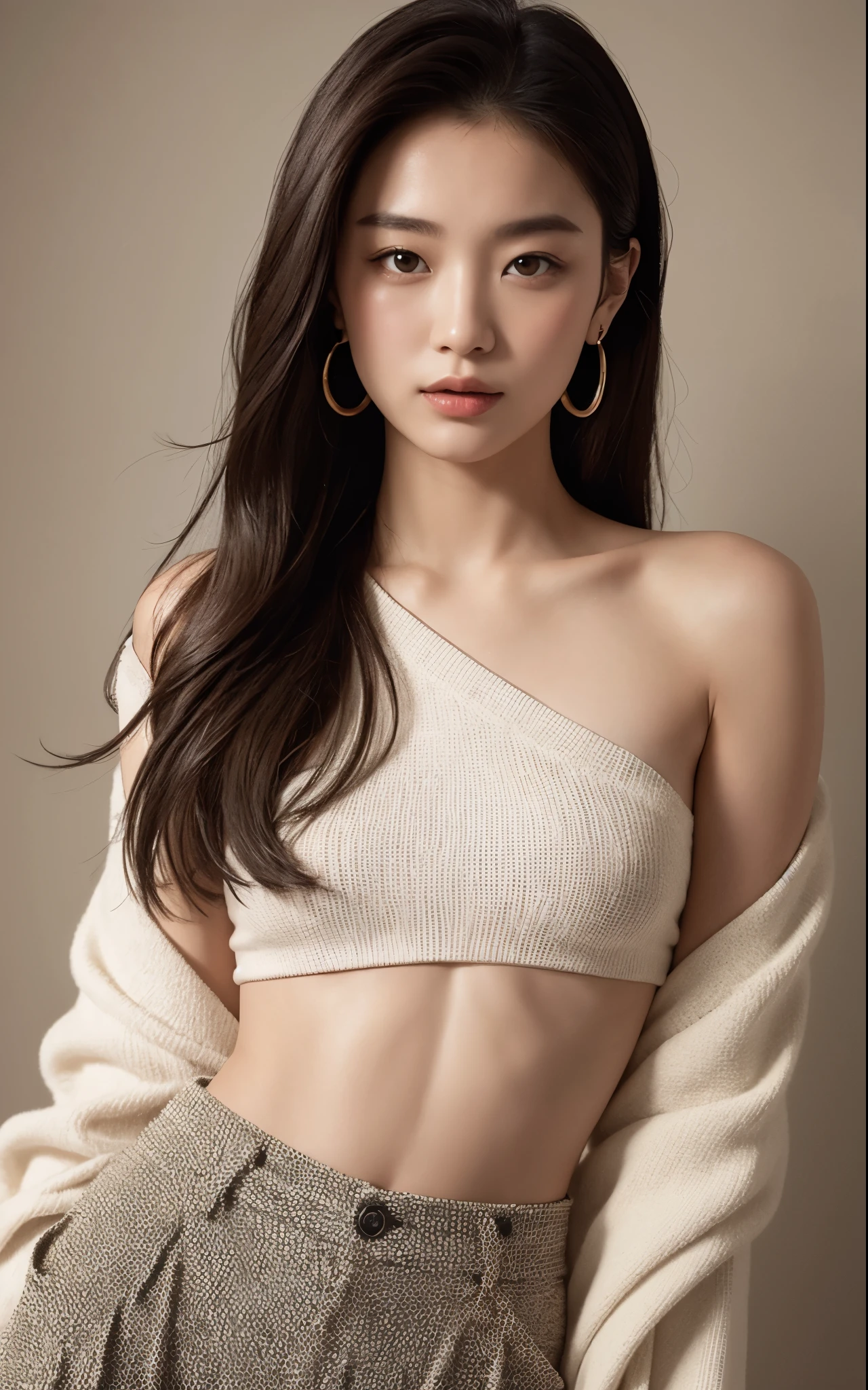 masterpiece, best quality, solo, 1girl, luminous skin, hoop earrings, glamorous, whimsical details, slicked hair, mesmerizing, bare shoulder, crop top, long pants, shallow depth of field, contrapposto, professional model, face front, portrait