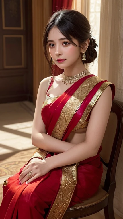"Imagine an alluring and atmospheric scene: In a softly lit room adorned with intricate tapestries and ornate furnishings, a young woman sits elegantly on a vintage chair. She is draped in a captivating red saree that hugs her form, accentuating her silhouette with a touch of allure. The dappled glow from an ornate floor lamp casts a warm radiance, highlighting the rich textures of the saree and casting soft shadows that add depth to the scene. The backdrop reveals a window with sheer curtains gently billowing, offering glimpses of a bustling cityscape illuminated by the soft glow of streetlights. Her pose exudes confidence and grace, creating a striking contrast between her poised presence and the dynamic, vibrant background."