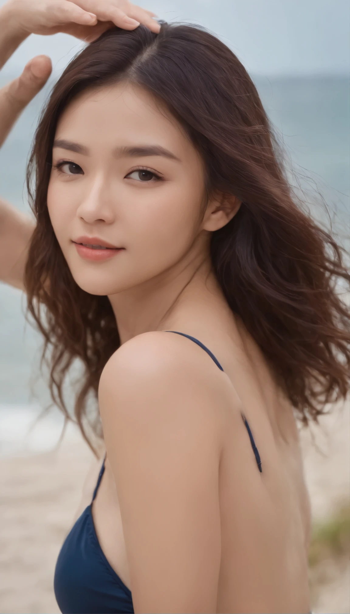photorealistic perfect body、japanese model、A 20-year-old girl wearing a dark blue tight swimsuit、They happily hug each other and play on the beach、Wave and laugh、float ring、Droplets fly and hit my face、close one eye、healthy beauty、sexy