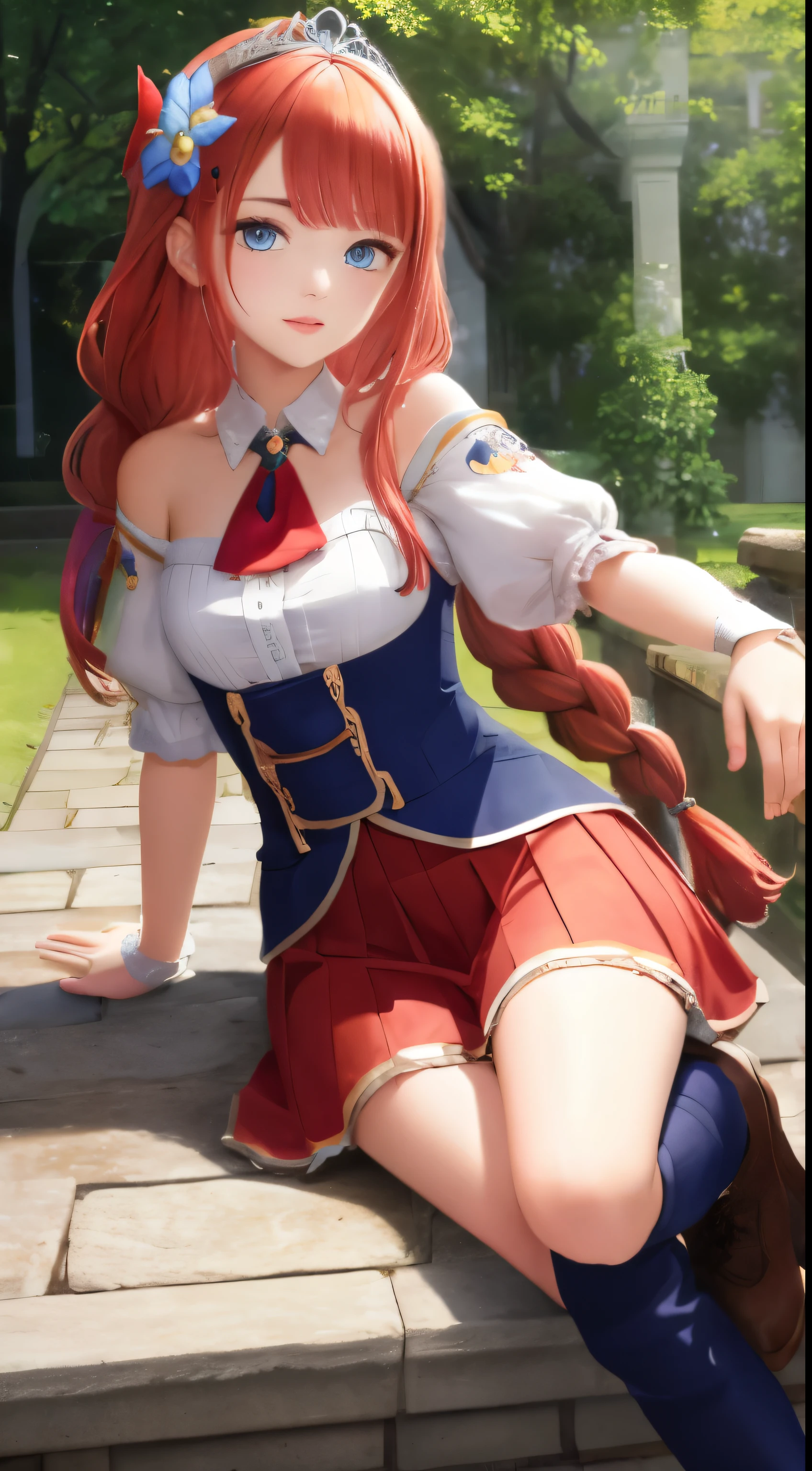 pecorine, pecorine, blue eyes, hair ornament, long hair, orange hair, tiara, braid, hair braid, BREAK arm belt, armor, ascot, blue socks, boots, dress, gloves, hair ornament, open clothes, open dress, pauldrons, pleated skirt, puffy short sleeves, puffy sleeves, red ascot, red skirt, short sleeves, shoulder armor, single pauldron, skirt, socks, white dress, white footwear, white gloves, BREAK looking at viewer, full body, BREAK outdoors, BREAK (masterpiece:1.2), best quality, high resolution, unity 8k wallpaper, (illustration:0.8), (beautiful detailed eyes:1.6), extremely detailed face, perfect lighting, extremely detailed CG, (perfect hands, perfect anatomy),