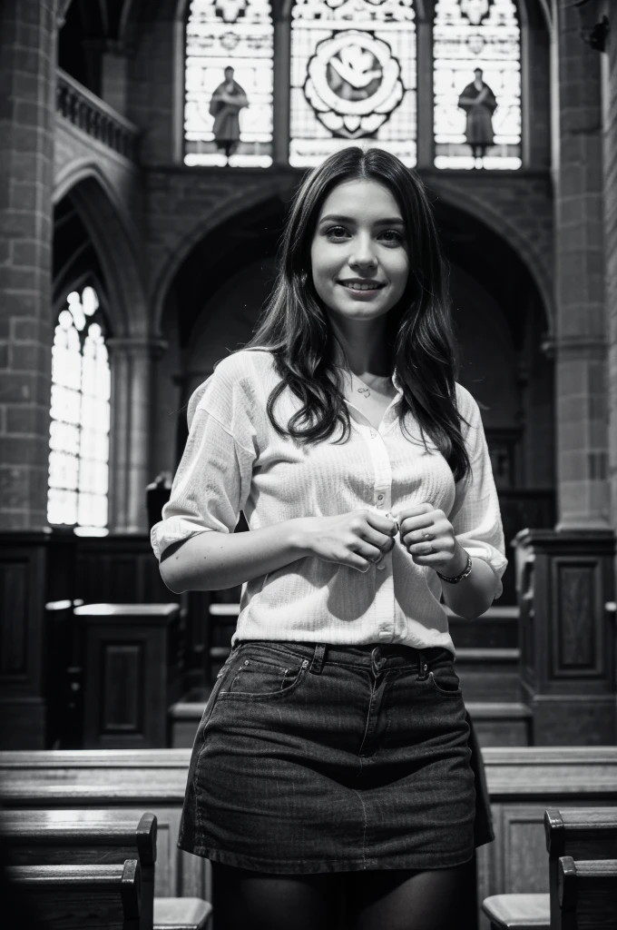 mónica with peaceful face, happy, elegant clothing, preaching in a protestant church. high contrast, professional lighting, uhd
