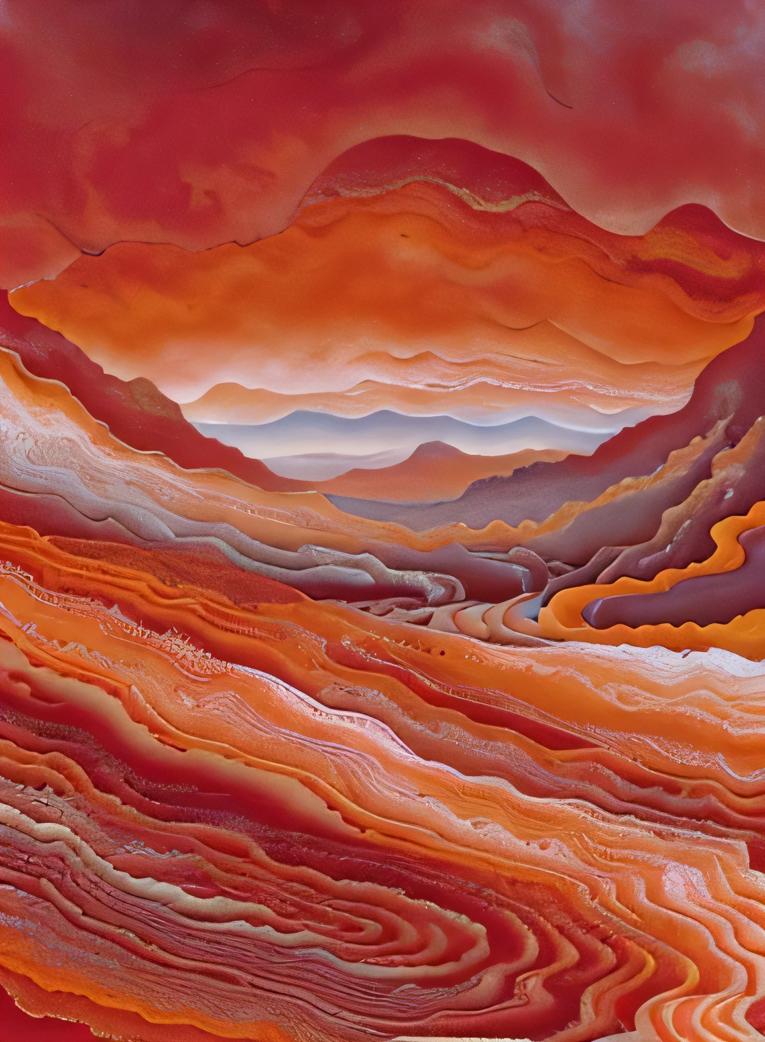 Close-up of red painting, orange, and waves, Jelly-like texture. photo, Number of stratigraphic layers, layered dough, shiny layered geological formations, Volcano texture, Lava texture, mars aerial photoy, background of a lava river, abstract texture, bright red desert sand, canyon topography, red lava river, abstract photoy, flowing lava