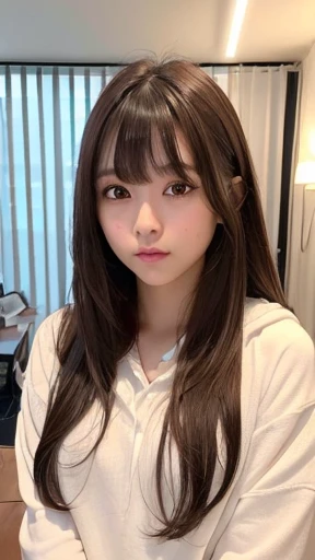 Raw photo、(((ultimate beauty portrait)))、1 girl、Japanese 17 year old beautiful girl、((brown hair))、((Big eyes that shine like jewels))、my room、Glossy and glossy skin、(medium long hair)、(Working at a desk)、eyeliner、beautiful bangs、hair between eyes、((masterpiece、最high quality、super detailed、intricate details、High resolution、very detailed))、detailed background、8KUHD、high quality、electric lighting light、(Photographed from the front in a natural posture:1.5)、hanging eye makeup、(((small tits)))、(((Bust A cup)))、(((Clothes)))、(late night)、relaxed hoodie、writing a book、