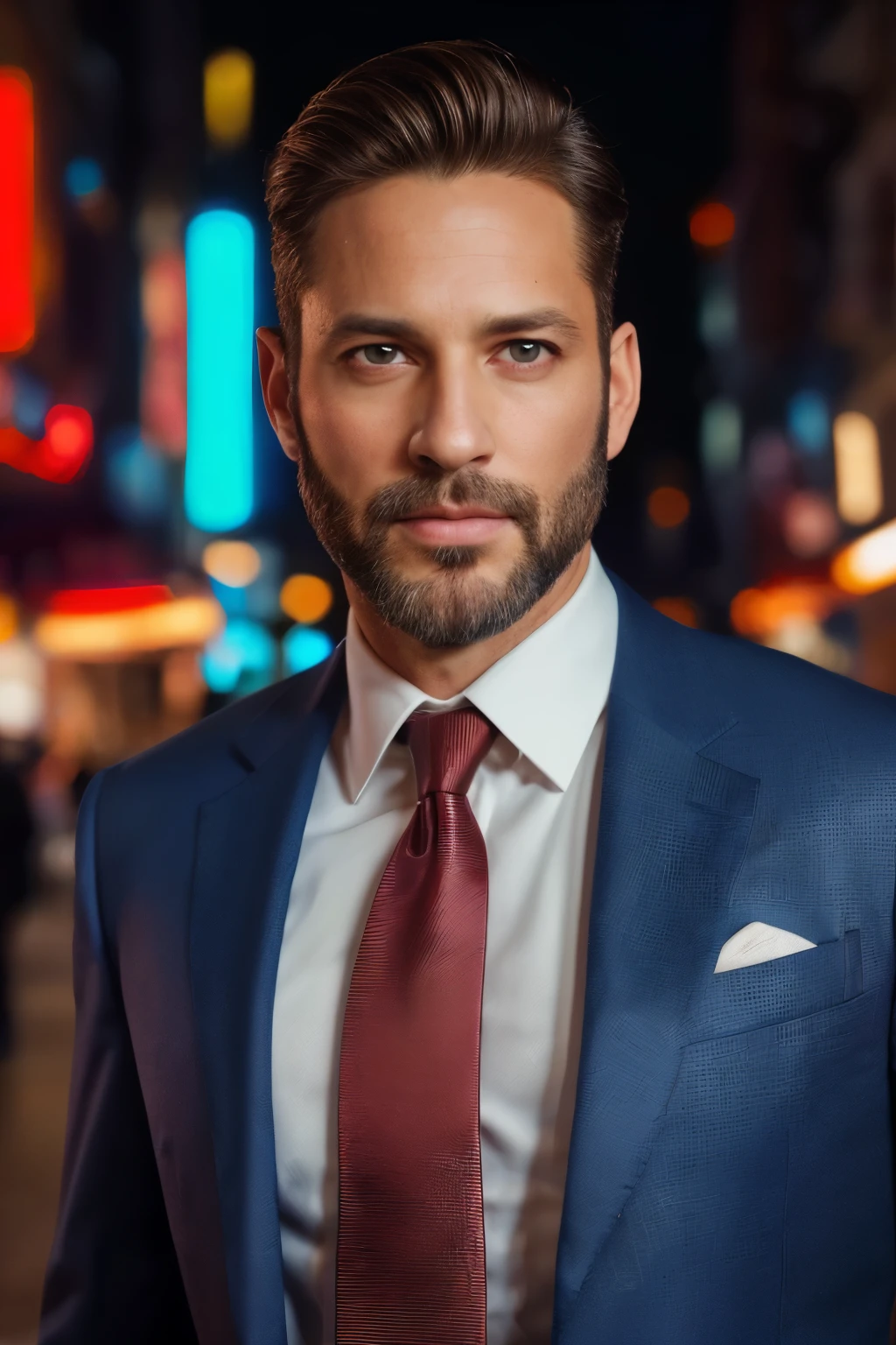 Beautiful and chamed man, 48 years old, waering a suit, smart, hot, goddess, beard, full lips, beautiful mid-light-brown hair, strong, brown eyes, gel in his hair, hyper realistic, masterpiece, (( super detailed, photorealistic ,8k)), wearing a marine blue tie, demonstrating success and intelligence, in front of camera, loking to the center of the cam (highlight on his eyes), and serious and rud expression with a provocative face, walking on luminous night in a cyberpunk street.
