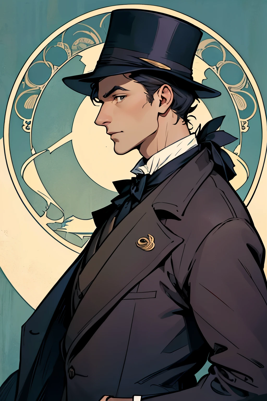 ultra detail,high quality art nouveau round circle Sherlock holmes,mid hat,suit,frock coat,tall,thin,high nose,broad forehead,intelligent looking face,looking at viewer,from side,London city,sepiacolor