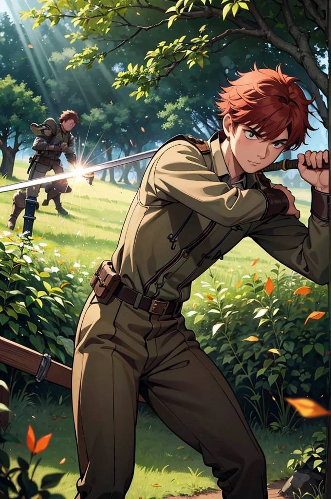 (best quality,4k,8k,highres,masterpiece:1.2),ultra-detailed,(realistic,photorealistic,photo-realistic:1.37),boy swinging a sword at a soldier in a battlefield,red-haired boy, black-eyed boy, soldier in armor,plain forest background, intense action, dynamic composition, realistic rendering, dramatic lighting, vibrant colors, high-definition details, dust particles in the air, fallen leaves, sun rays filtering through the trees, boy's determined expression, soldier's defensive stance, motion blur in the swinging sword, fierce battle scene