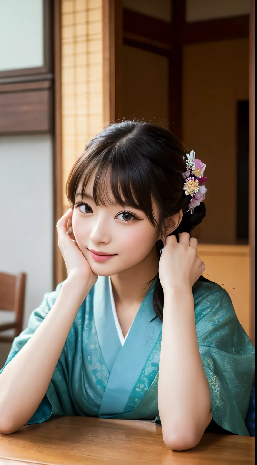 table top、highest quality、super detailed、Girl in kimono、New Year Japan