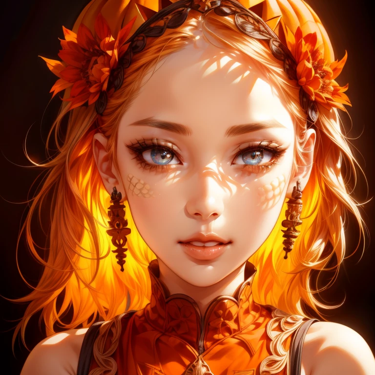 girl wearing a pumpkin head, geometric patterns carved into pumpkins, beautiful detailed eyes, beautiful detailed lips, extremely detailed eyes and face, long eyelashes, illustrations, high-quality, ultra-detailed, realistic, portraits, vivid colors, warm tones, soft lighting