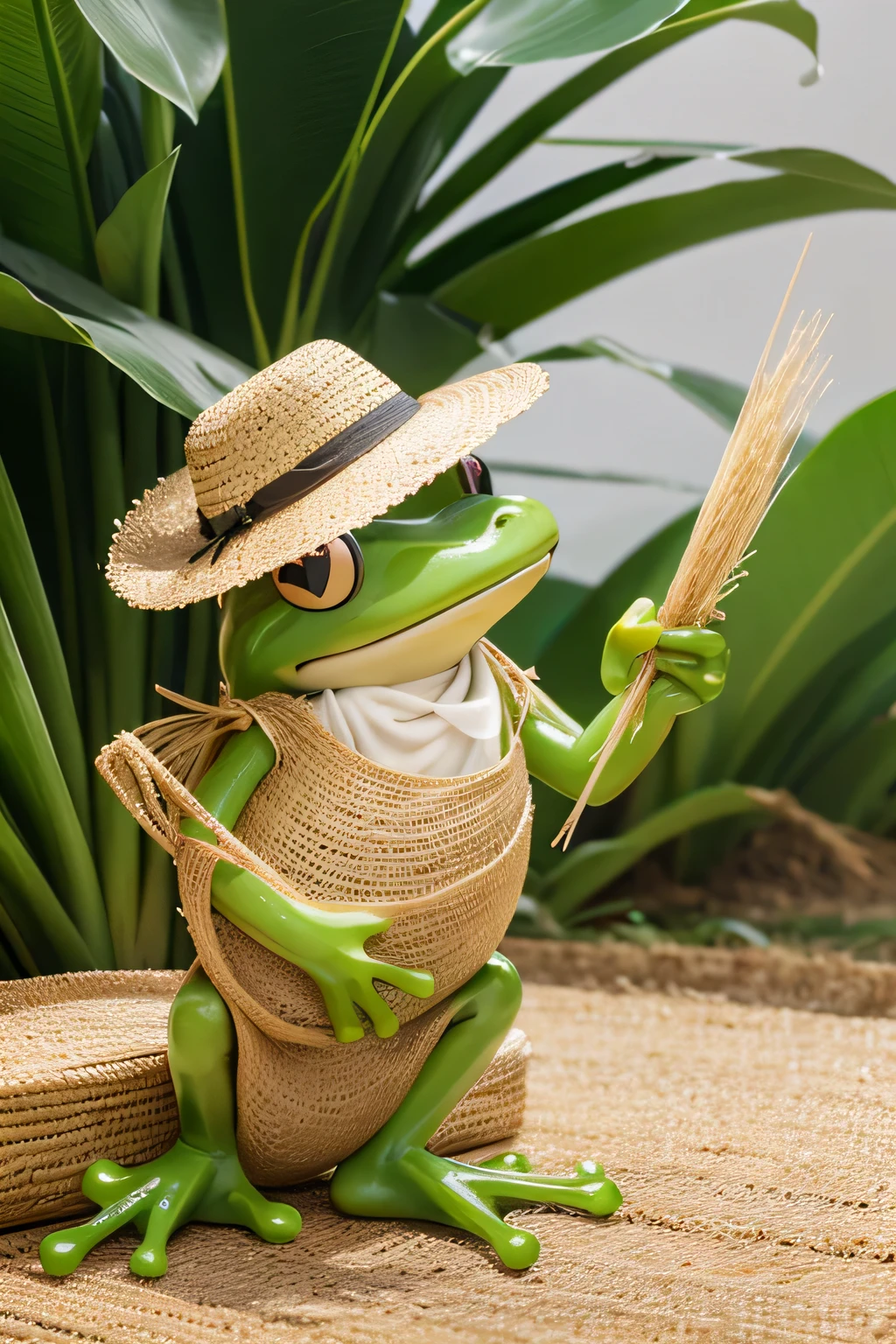 frog wearing straw hat，Rice in his left hand. He harvests rice with a knife in his right hand. Harvest golden texture.