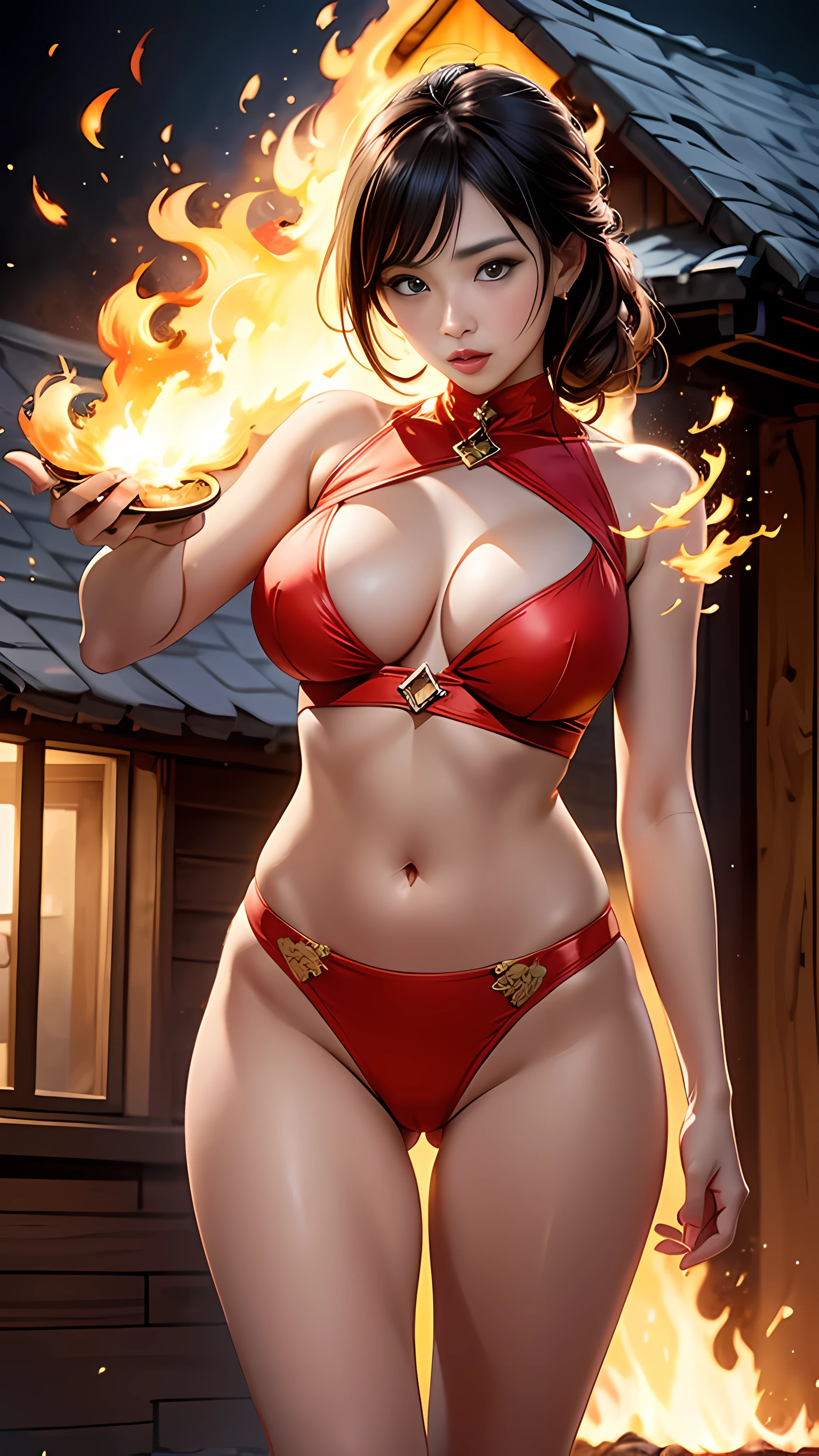 Flame Prowler,whole body,iOS depth scene,Breasts are super big,Fired wooden house background,camel toe