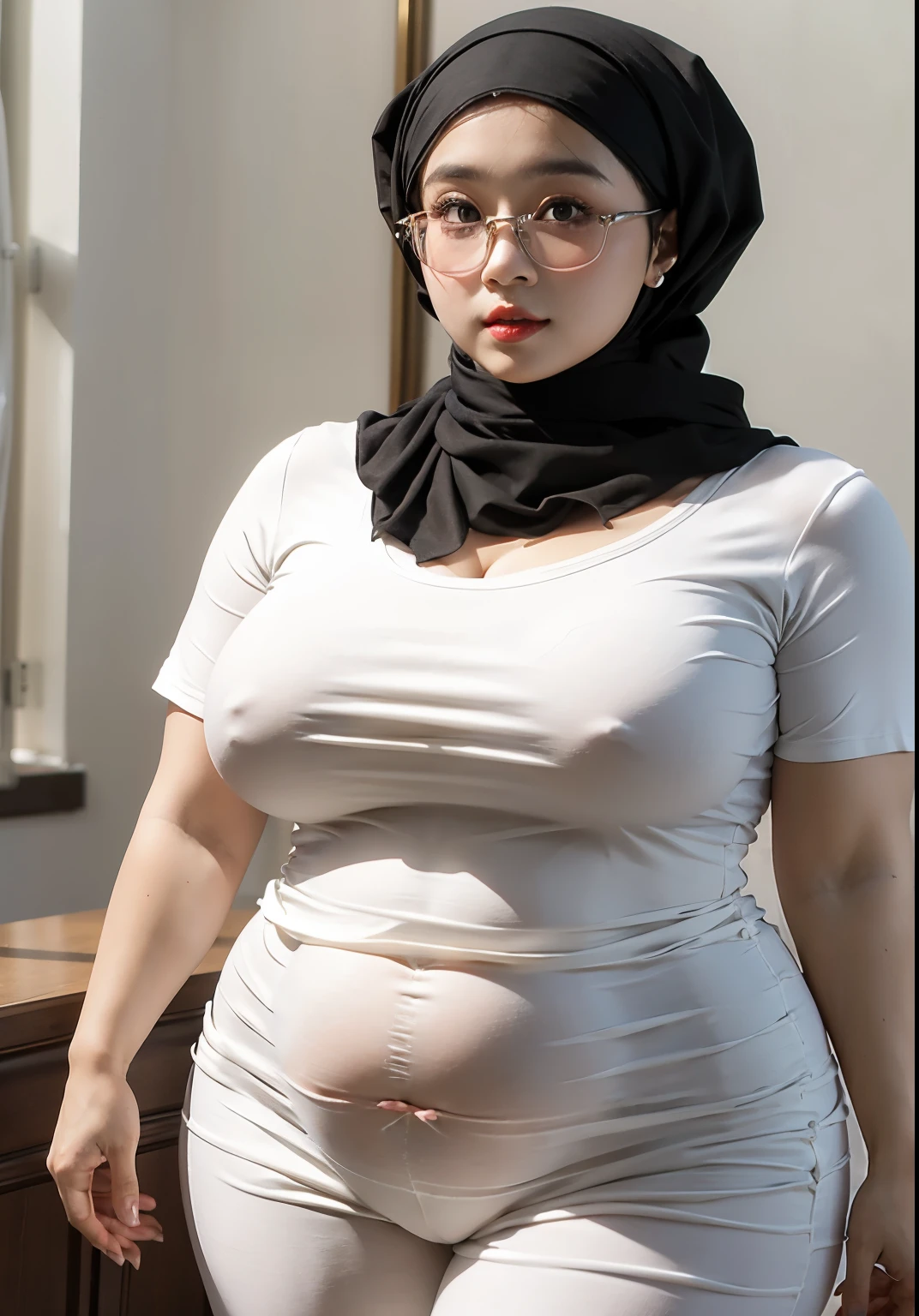 pregnant woman in white shirt and black scarf posing for picture, wearing tight shirt, tight shirt, thick neck, thicc, touching her clothes, dressed in a white t shirt, wearing tight  clothes, smooth white surroundings, korean woman, korean girl, taken with canon 5d mk4, revealing clothes, soft curvy shape, clothed in white shirt, mia khalifa, wearing a hijab, glasses