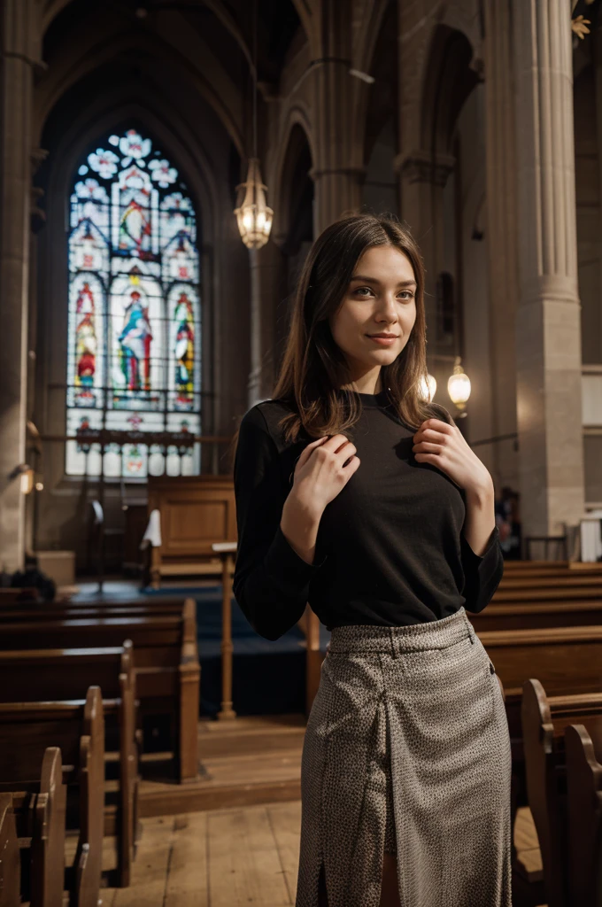 aurora with peaceful face, happy, elegant clothing, preaching in a protestant church. high contrast, professional lighting, uhd