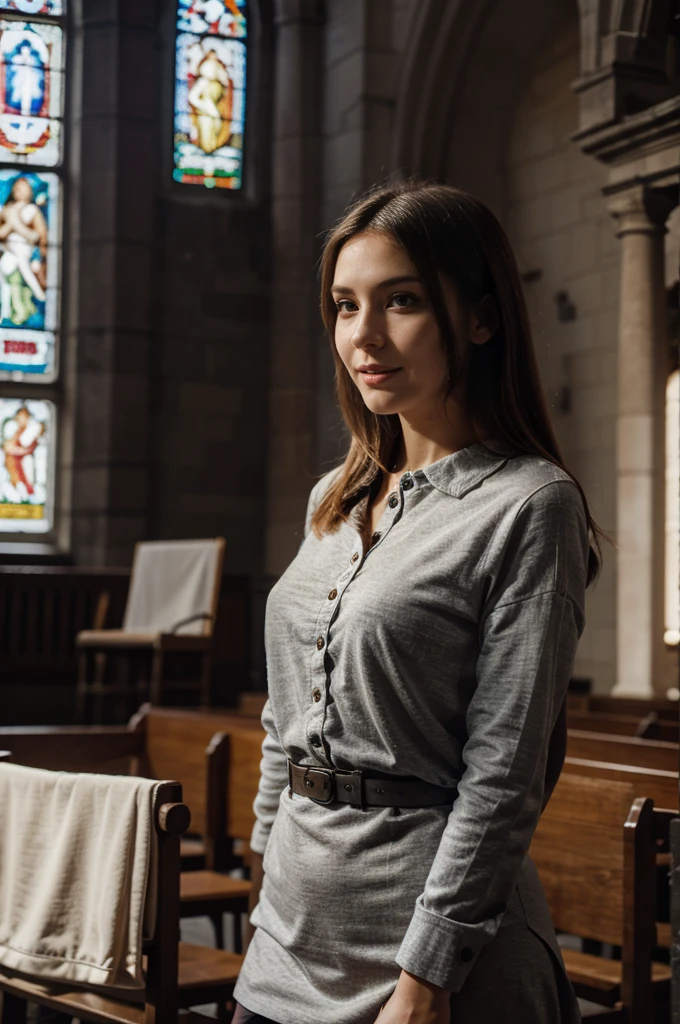 aurora with peaceful face, happy, elegant clothing, preaching in a protestant church. high contrast, professional lighting, uhd