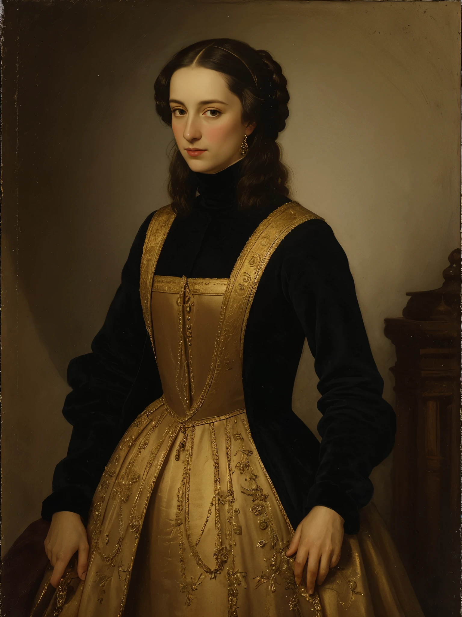 Art by Sofonisba Anguissola, black haired noblewoman with fancy black and gold turtleneck dress