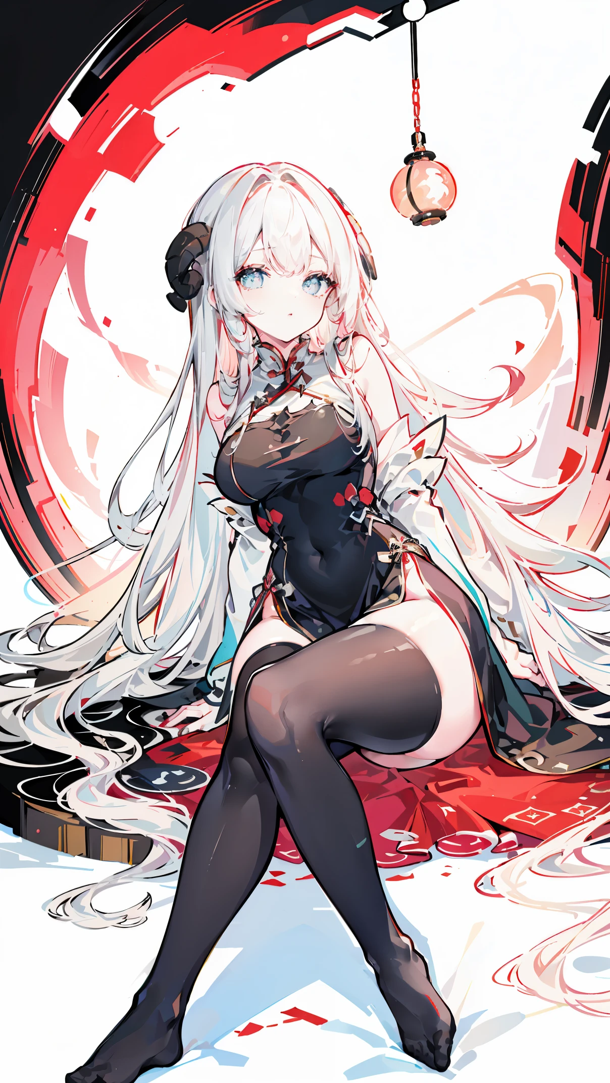 a girl，Sheep&#39;s horn, full color,  long white hair, Red眼睛 ，Eyeliner,  black transparent clothes, Red, open air, Rose, night, ruins, Butterfly，mine same as the original, mine, , (:1.2)
rest, (cheongsam), (view from below), (Put your arms behind your back), (wild lift), thin dress, Crotch cutout, best quality, high resolution, unified 8k wallpaper, (illustration:0.8), (Beautiful and delicate eyes:1.6), extremely detailed face, perfect lighting, Very detailed cg, (perfect hands, perfect anatomy),soles of feet，sitting，blond，red lips，Acting cute，脚部close up，up-close，Complete feet，white stockings，close up