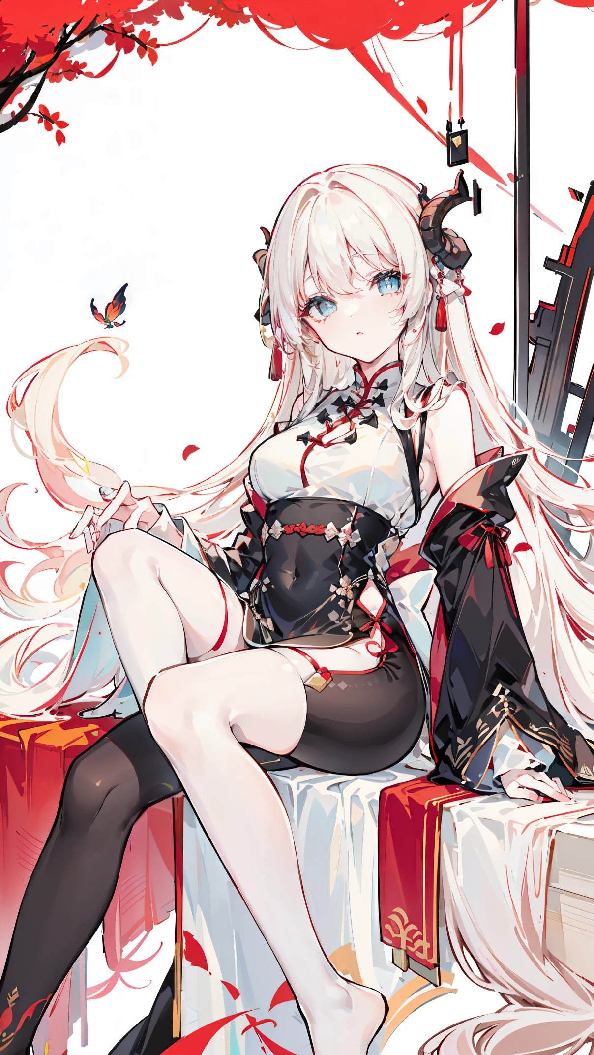 a girl，Sheep&#39;s horn, full color,  long white hair, Red眼睛 ，Eyeliner,  black transparent clothes, Red, open air, Rose, night, ruins, Butterfly，mine same as the original, mine, , (:1.2)
rest, (cheongsam), (view from below), (Put your arms behind your back), (wild lift), thin dress, Crotch cutout, best quality, high resolution, unified 8k wallpaper, (illustration:0.8), (Beautiful and delicate eyes:1.6), extremely detailed face, perfect lighting, Very detailed cg, (perfect hands, perfect anatomy),soles of feet，sitting，blond，red lips，Acting cute，脚部close up，up-close，Complete feet，white stockings，close up