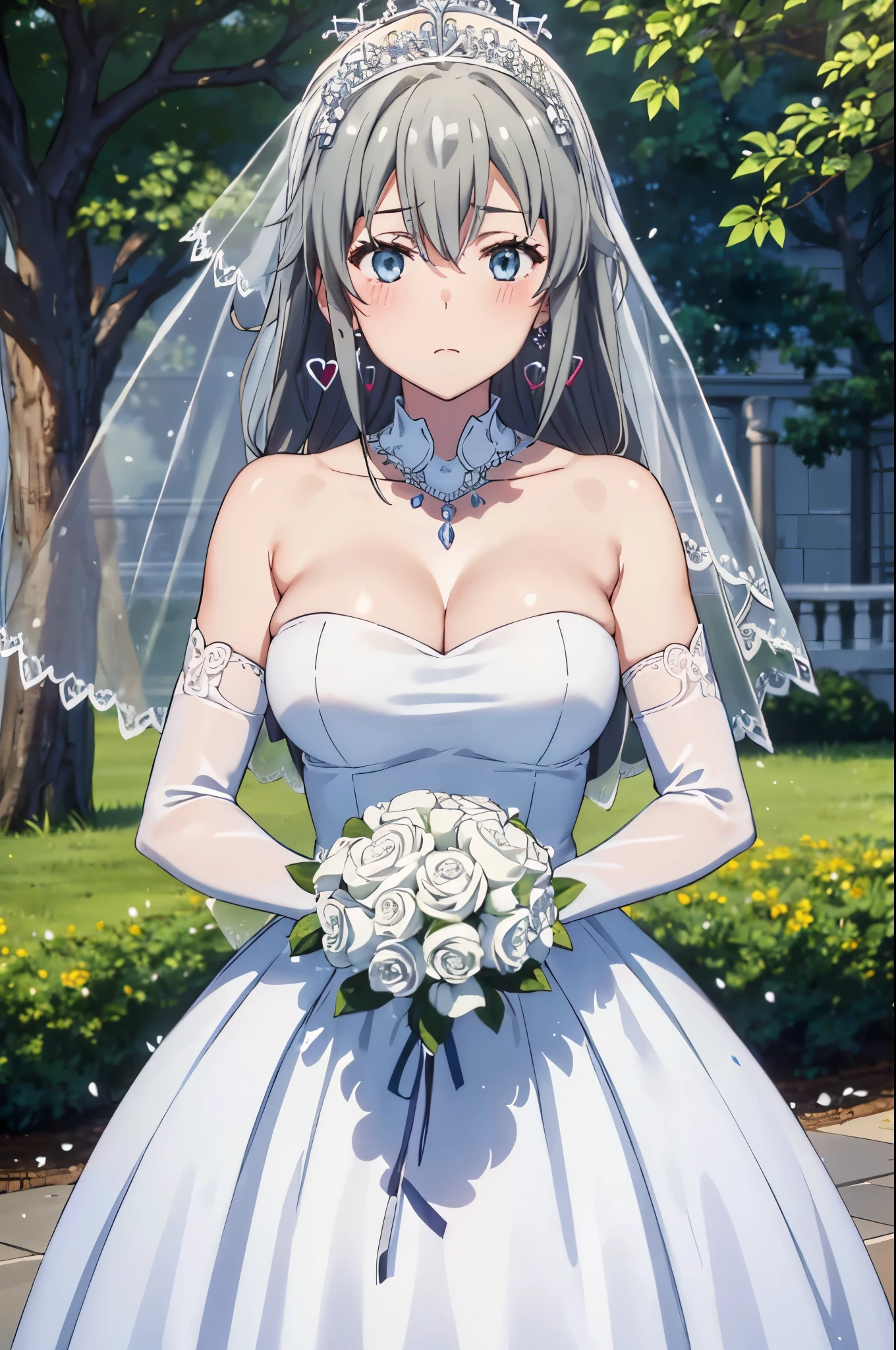 (((Pixel perfect, Perfect details))), alone, 1 girl, Yukino under the snow, black hair, Close-up of beautiful bride wearing beautiful wedding dress,Gurwitz,(bridal veil:1.5),(Transparent short veil:1.5),Blushing face,Head flower,headgear,(tube top wedding dress:1.5),(Silk dress:1.2),(Strapless wedding dress:1.5),pure white dress,necklace,earrings,(large breasts:1.3),Deep V peach heart collar wedding dresangs,lipstick,(lace gloves:1.3),whole body照,High detail RAW color art,Long white dress,whole body,Place your hands behind your back,