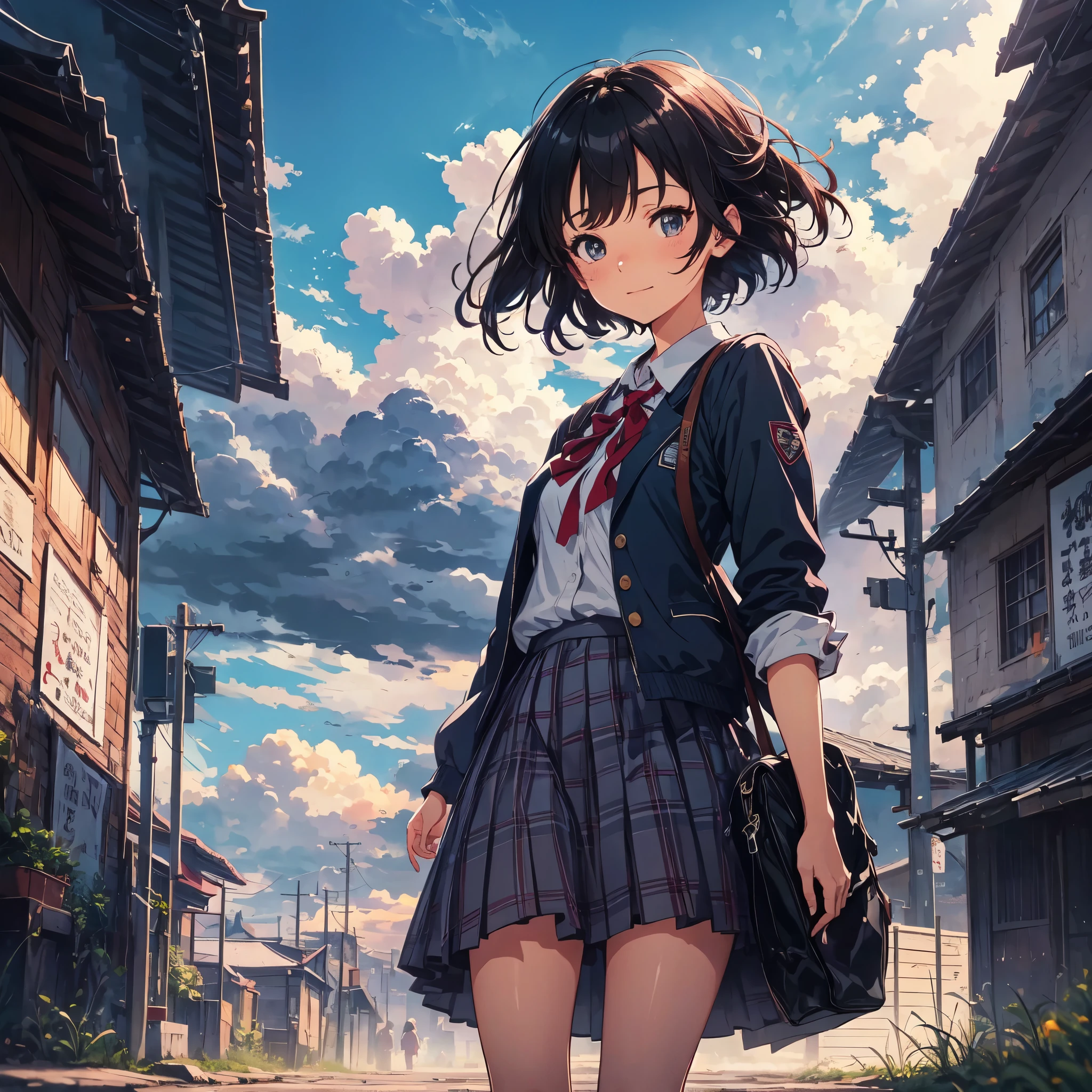 solo, girl, japanese highschool girl, high school uniform, Jacket and checked skirt, running behind time, flustered, beautiful sky, detailed clouds, warm lighting, short hair, shiny hair, light smile, dark eyes, detailed beautiful face and eyes, cinematic lighting, jpeg artifacts, Eye-Level Shot, drop shadow, depth of field, tachi-e, Ghibli-like colours, masterpiece, retina, accurate, best quality, highres, 8K, super detailed