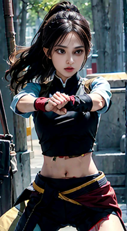 holding on to his stomach,Cover your stomach,Stomach pain,Navel-baring combat uniform,fighting stance,high resolution