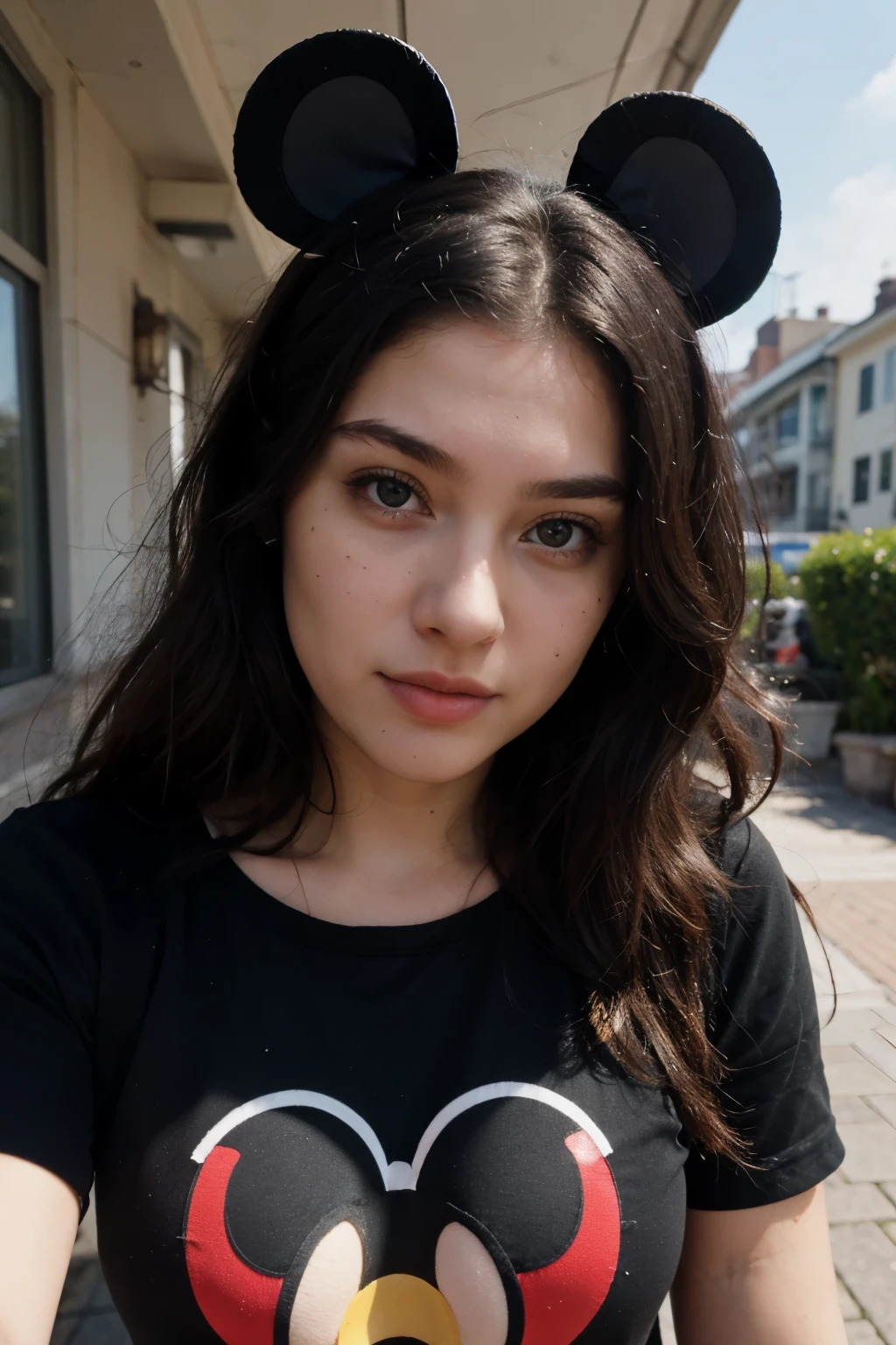 ((best quality)), ((masterpiece)), (detailed), perfect face, 18 year old girl, in mickey mouse costume, selfie, black hair, long black hair, clothes on, outside