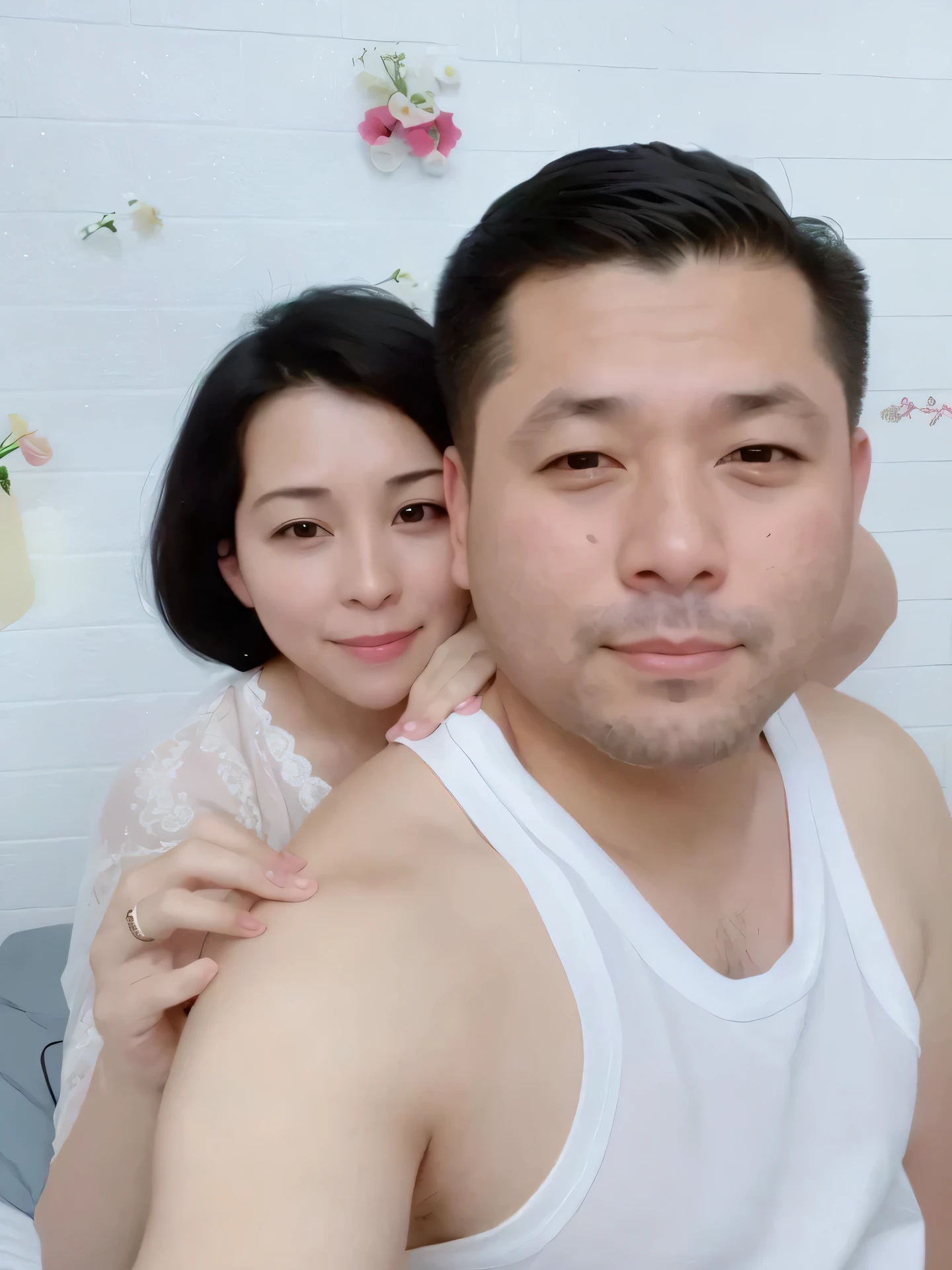 There was a man and a woman sitting on the bed together.., cute couple, 38 years old, 8k selfie photograph, 2 8 years, 3 , Age 2 9 years, 3 2 years old, 35 years old, 3 5 years, Male, age 4 0 years, 3 2 years - old man