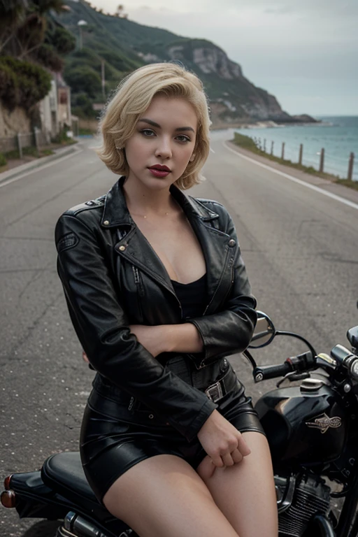 beautiful young woman, similar to Marilyn Monroe, with blonde short hair and red lips. She wearing black leather jacket in a cyberpunk style, sitting on a motorcycle by the coastal road. The artwork high detail, resembling hyperrealistic photography, with movie-quality aesthetics.