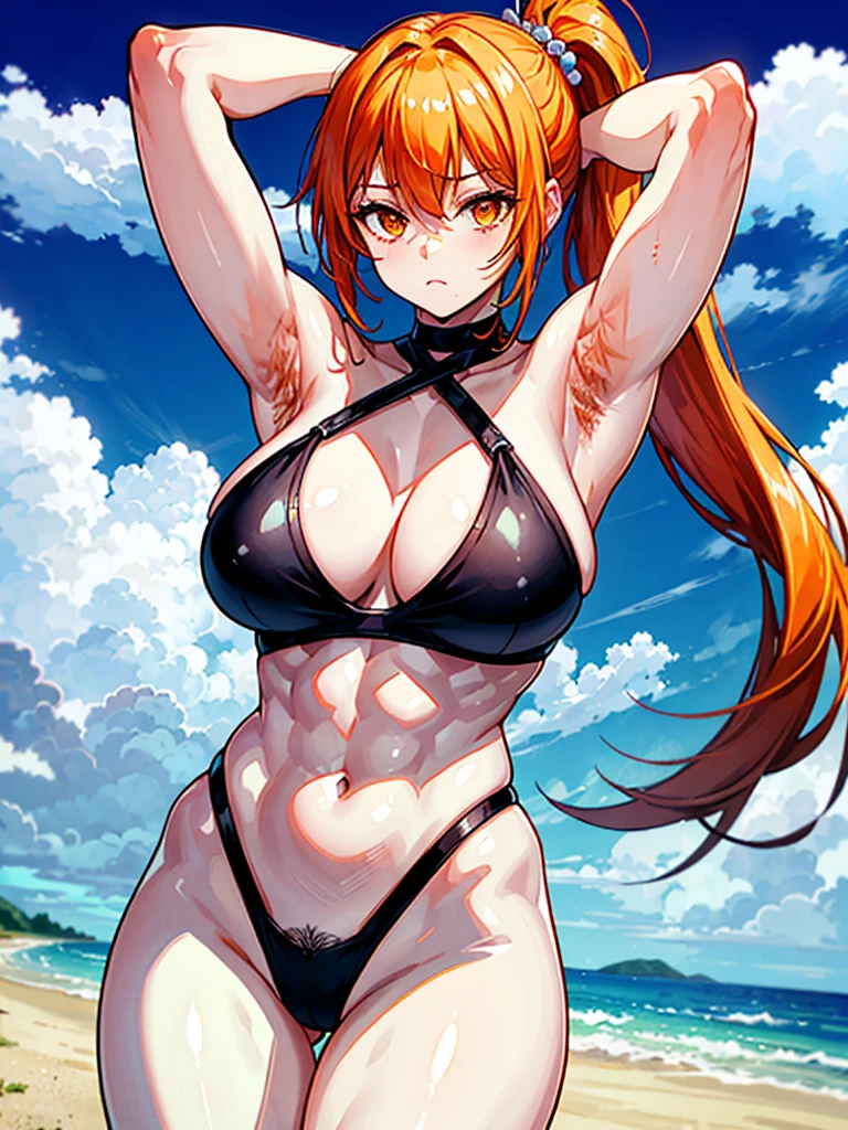 （（（masterpiece、Highest image quality、highest quality、highly detailed unity 8ｋwallpaper）））、（（Illustration of one girl））、（（（beautiful girl）））、（（orange hair、side ponytail、sidelocks：1.4、orange eyes））、（（（stocky build, thickset physique：1.3, muscular legs, broad shoulders, solid chest）））、（（（orange hairy armpits：1.4）））、(armpit hair:1.4)、swimsuit、sandy beach