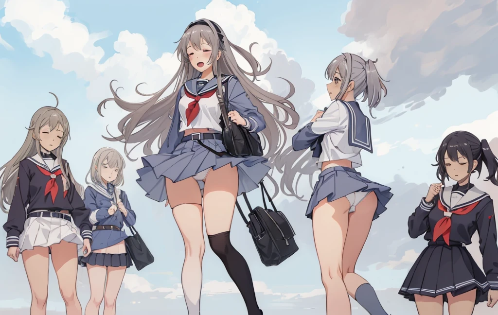 5 girls in grey school uniform with a belt, tottering, screaming, closed eyes, ecchi anime style, detailed full body, thigh-high socks, micro mini skirt, (white panties:1.1), sailor collar, scenery, explosion