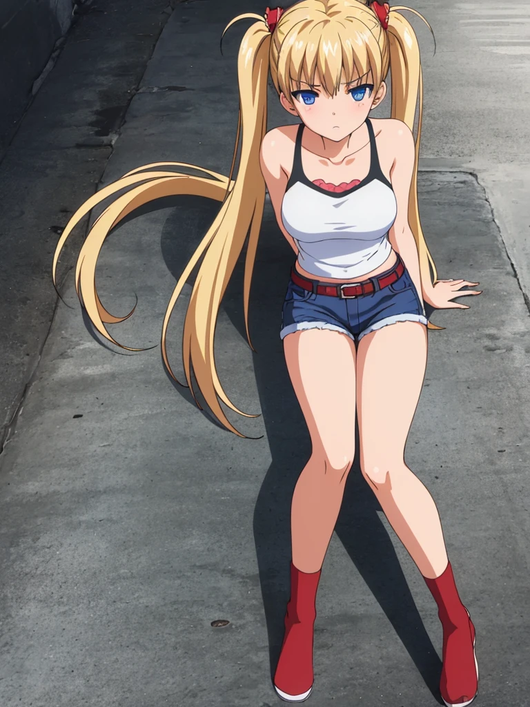 1girl, akizuki airi, blue eyes, blonde_hair, twintails, very_long_hair, she is wearing it in her hair_ornament red, hair_scrunchie red, medium_breasts, wearing a white tank top, some blue jean shorts, with a red belt, She is wearing thigh high stockings, full body, ranking: explicit, Dakimakura, top view,