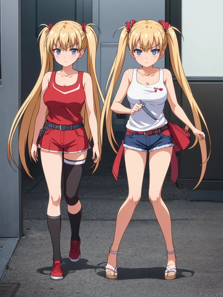 1girl, akizuki airi, blue eyes, blonde_hair, twintails, very_long_hair, she is wearing it in her hair_ornament red, hair_scrunchie red, medium_breasts, wearing a white tank top, some blue jean shorts, with a red belt, She is wearing thigh high stockings, full body, ranking: explicit, Dakimakura, top view,