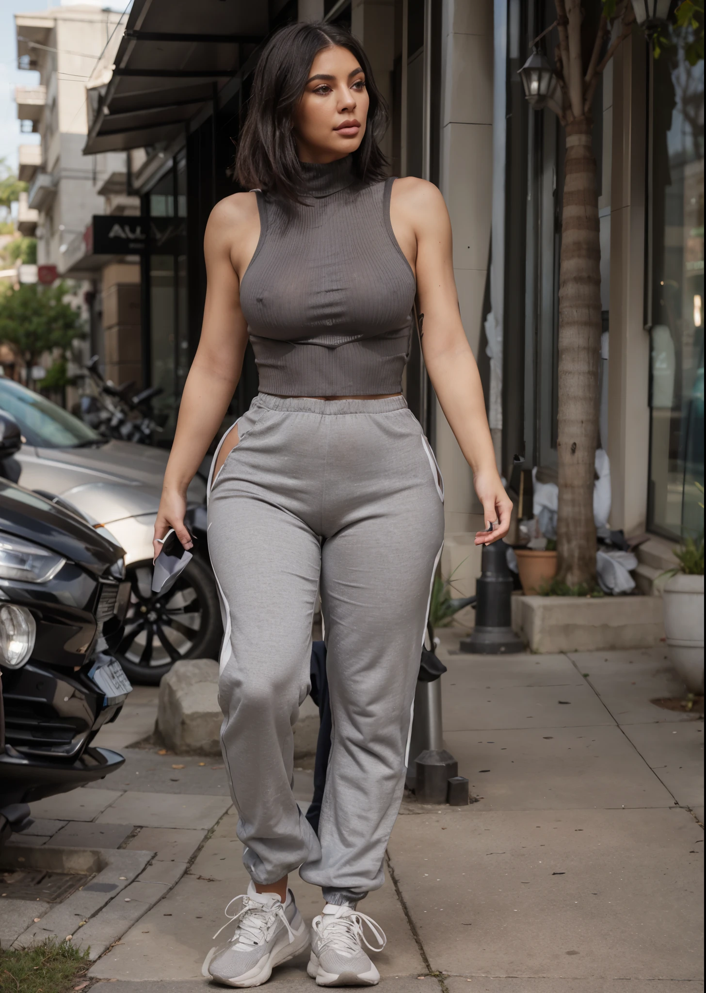 a woman in a gray top and pants walking down a sidewalk, tight outfit, wearing tight clothes, skinny waist and thick hips, muted colored bodysuit, kylie jenner, tight attire, kim kardashian, intriguing outfit, wearing a sexy cropped top, wearing a tracksuit, hourglass figure, with a thin waist, tight fit, curvy hourglass figure